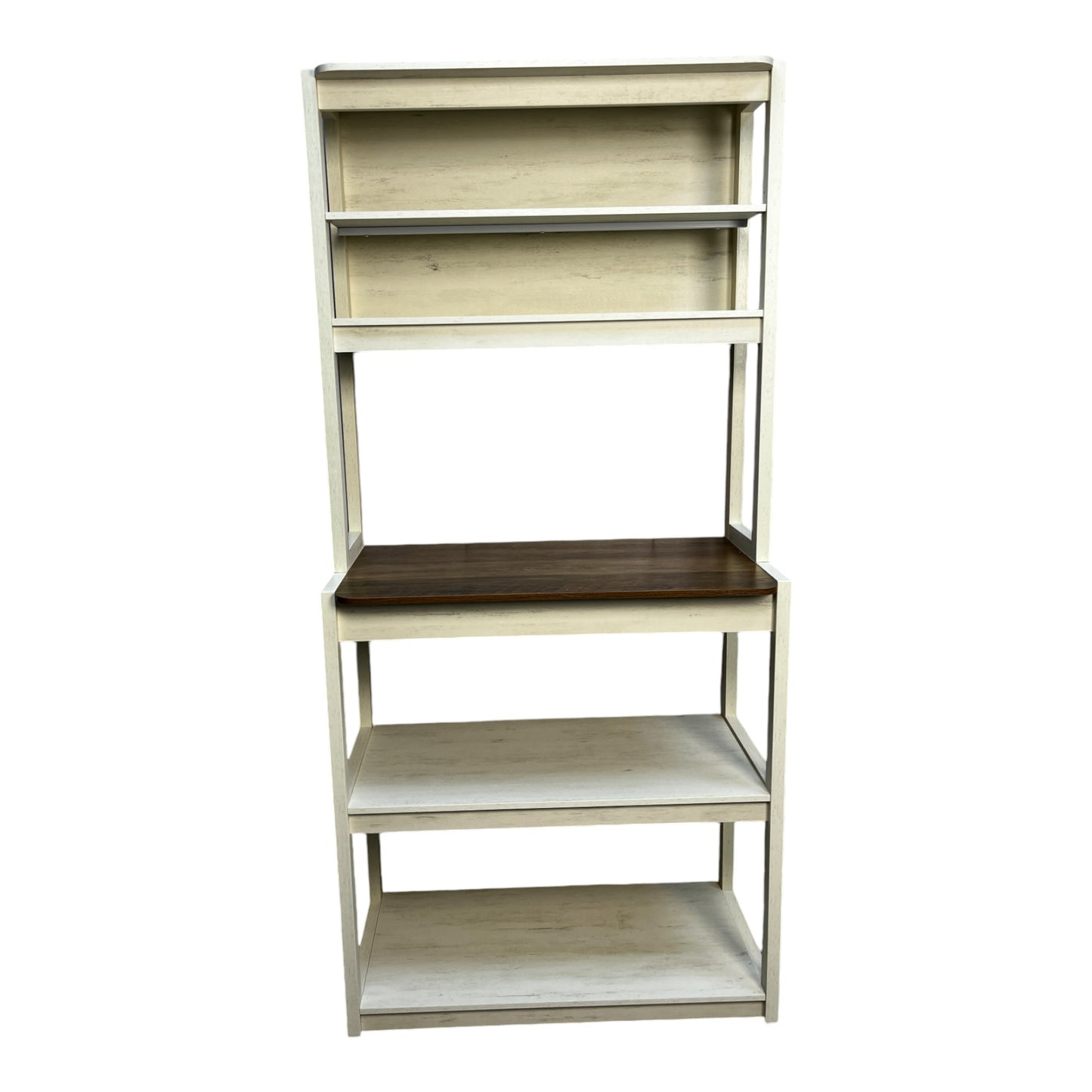 Tall cream bookshelf with a dark wood desktop shelf ideal for modern living rooms