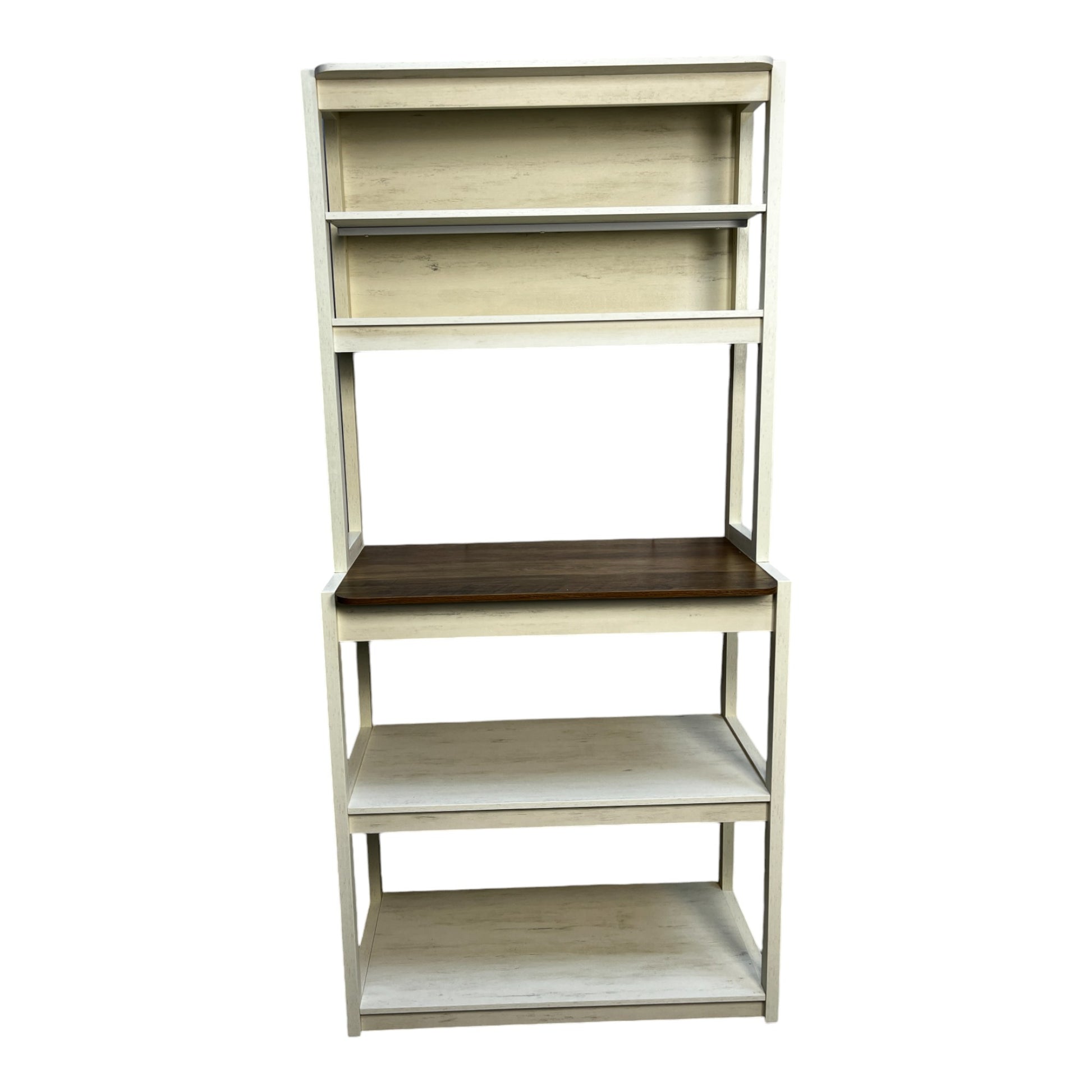 Tall cream bookshelf with a dark wood desktop shelf ideal for modern living rooms