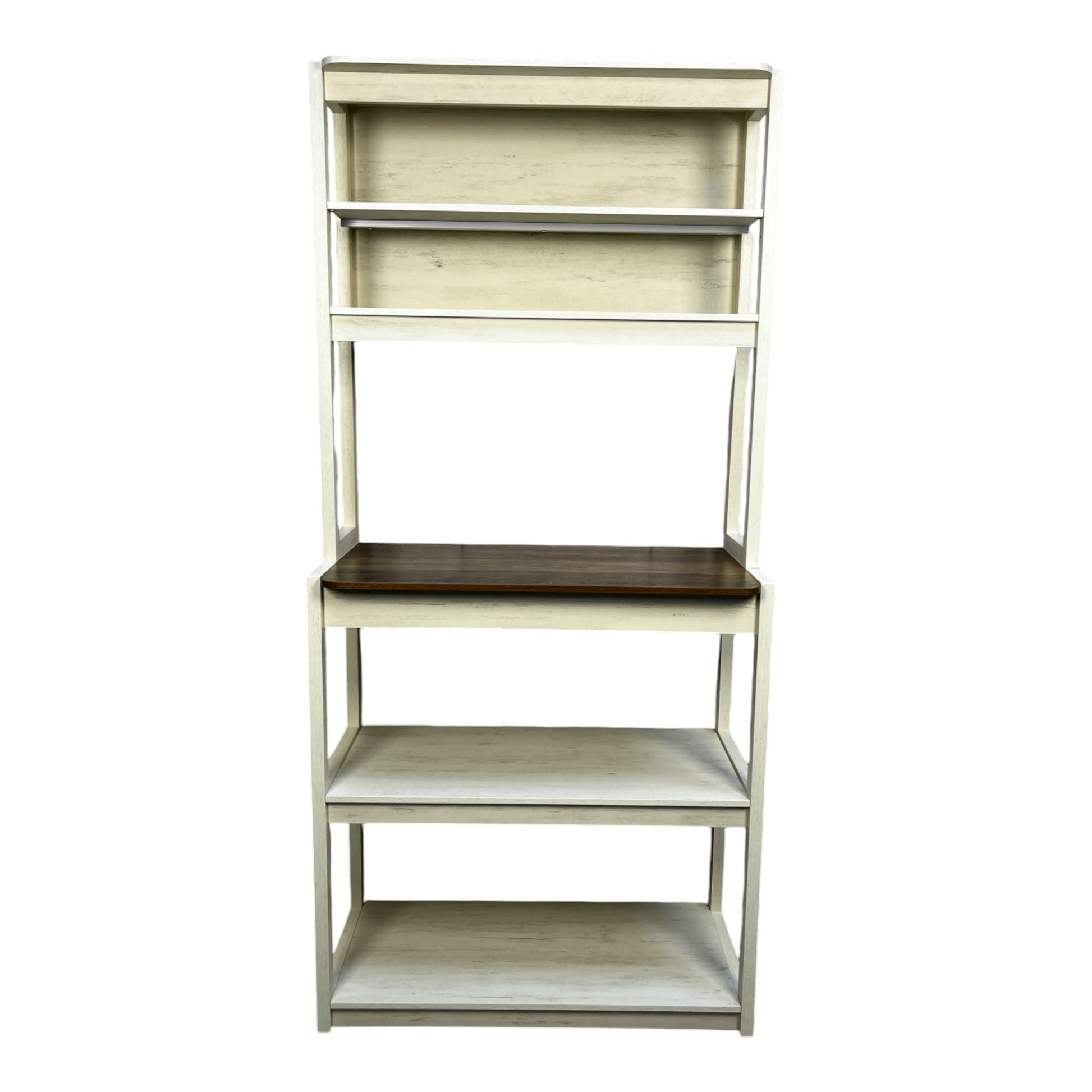 Distressed ivory leaning ladder bookshelf with dark wood accent shelf