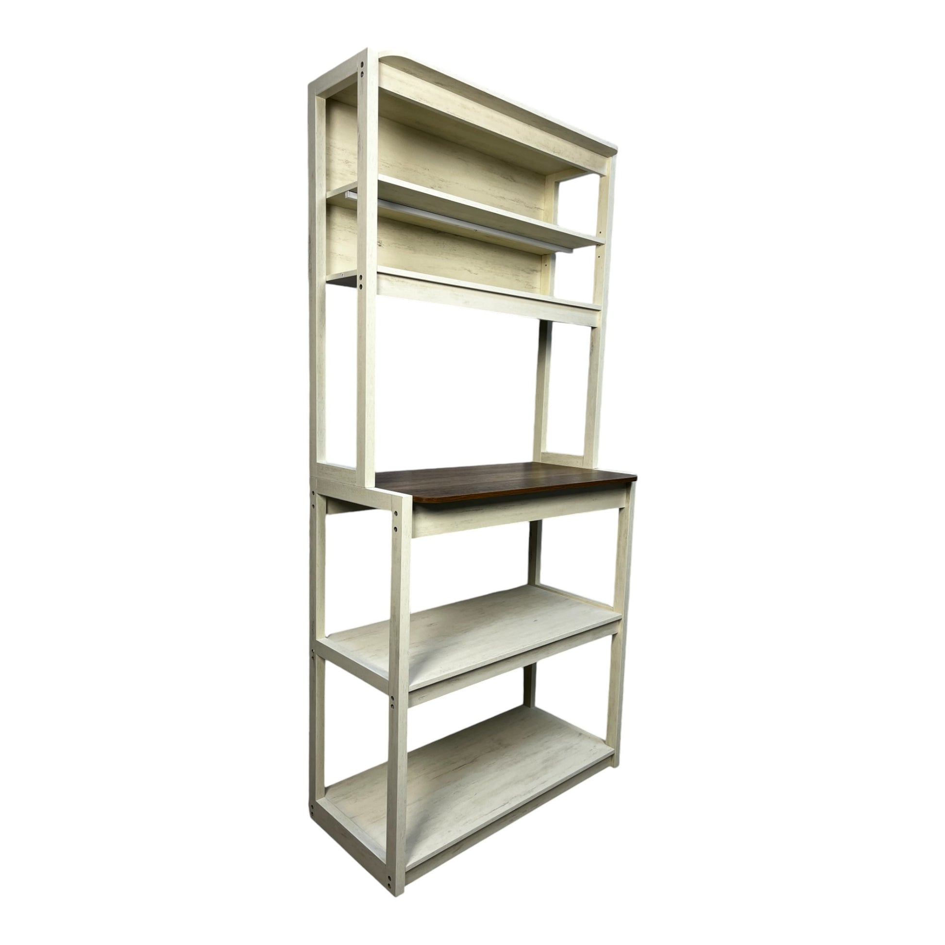Antique white bakers rack with dark wood countertop and multiple shelves