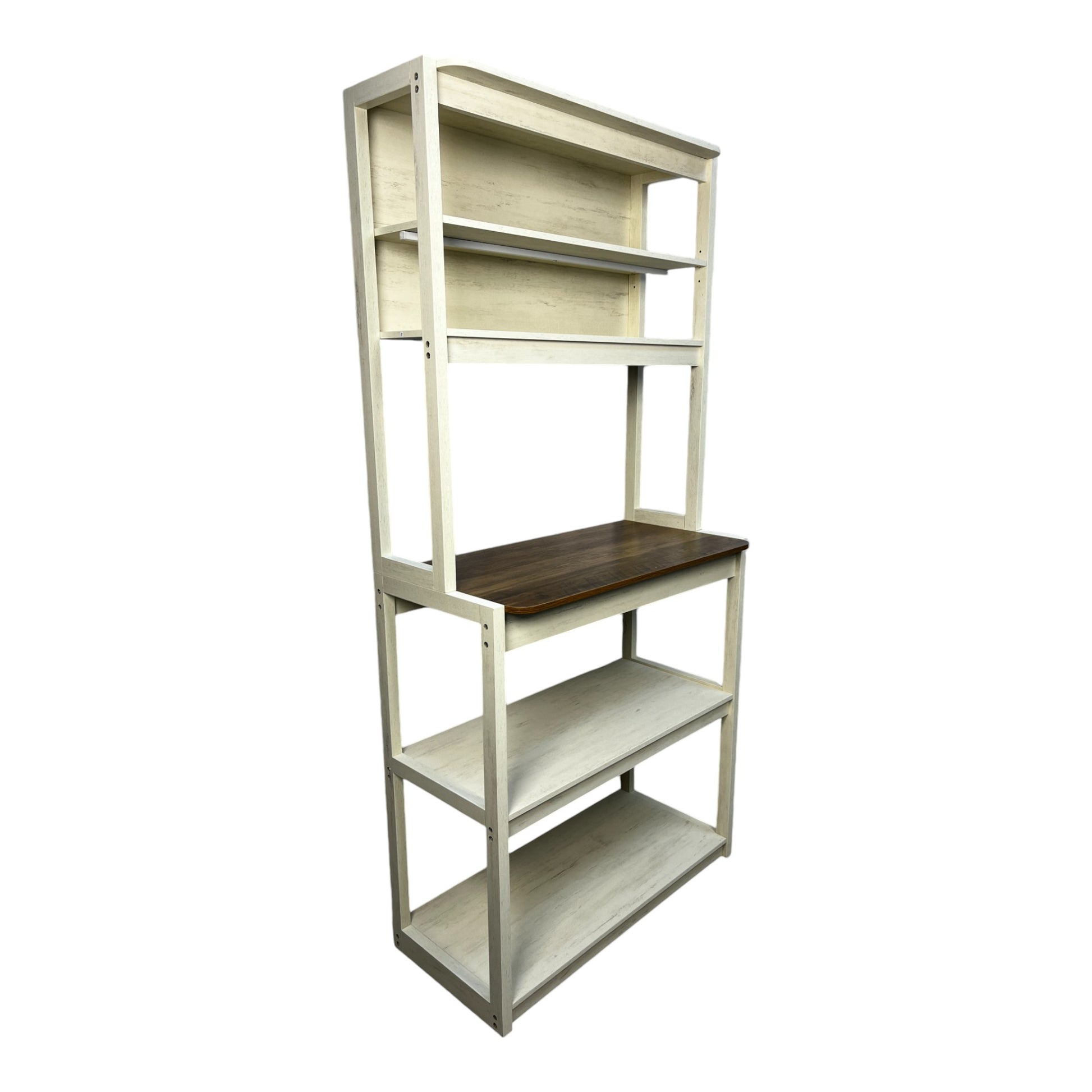 Distressed white wood bakers rack with dark wood shelf and open shelving