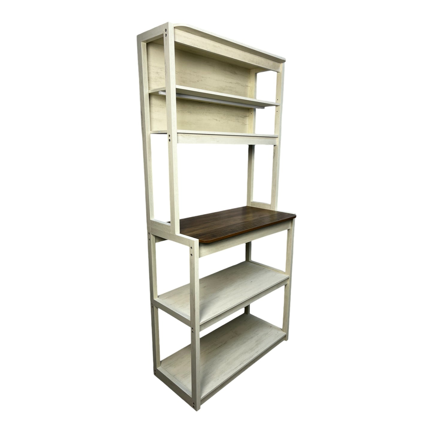 Distressed cream wood bakers rack with dark walnut desktop shelf for kitchen storage