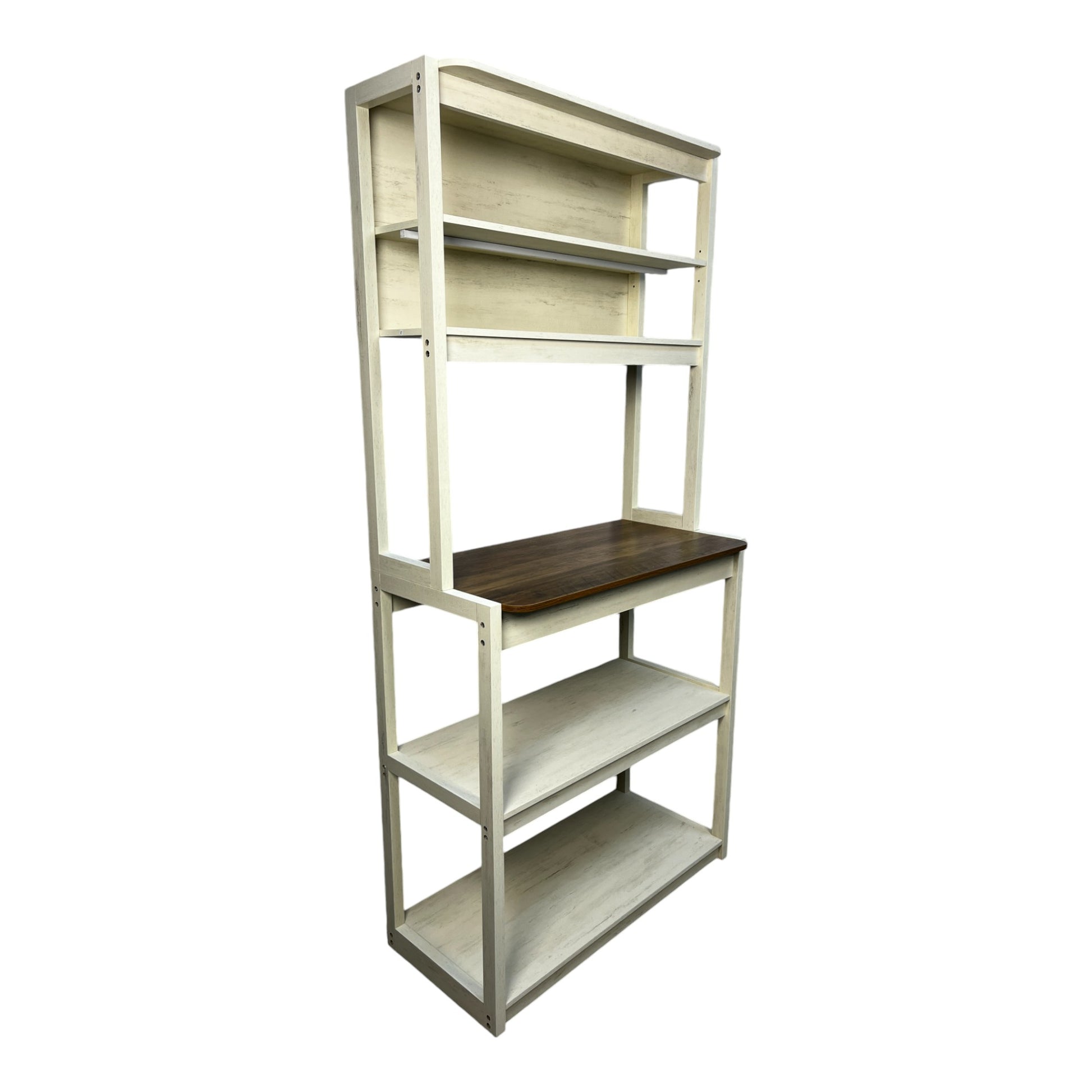 Distressed cream wood bakers rack with dark walnut desktop shelf for kitchen storage