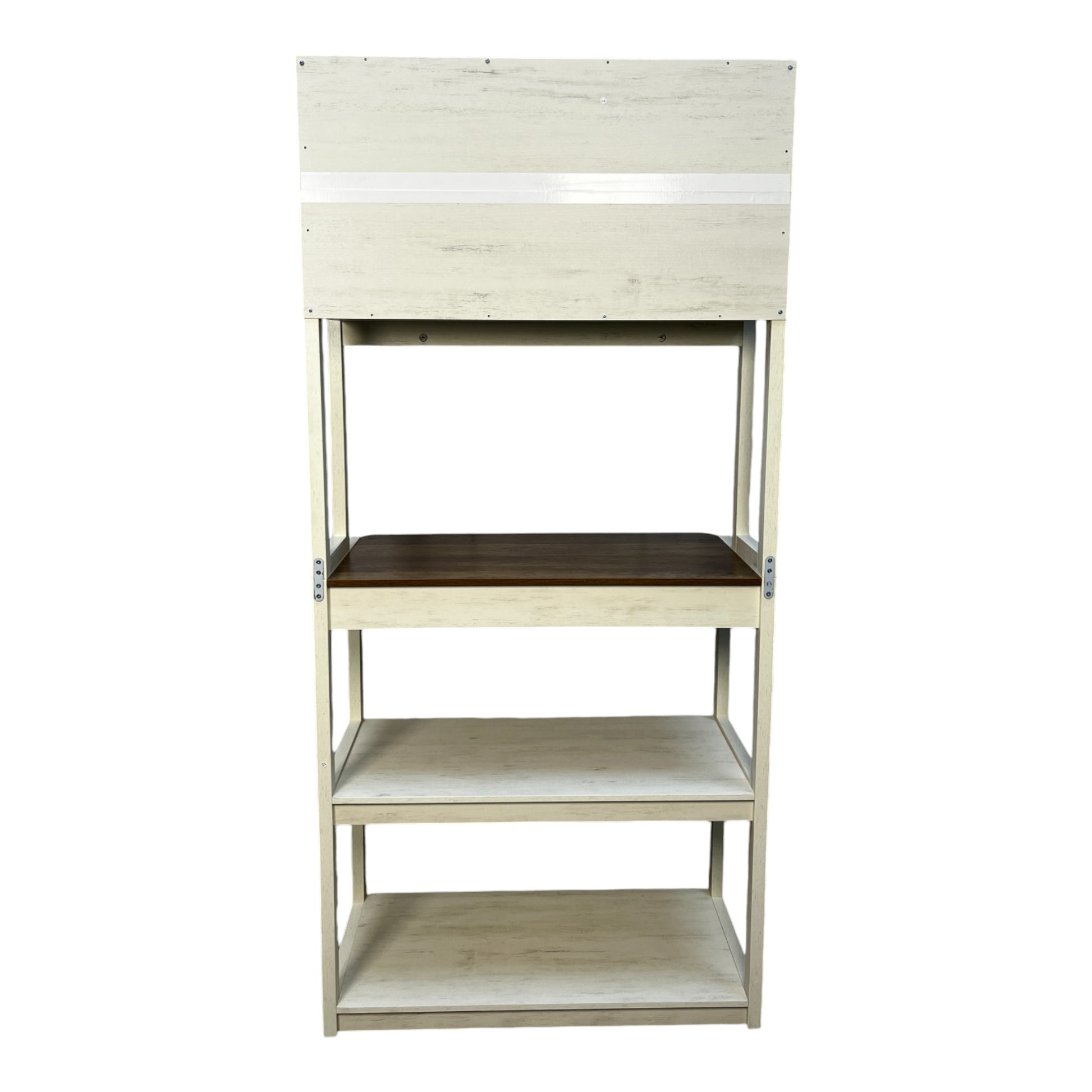 Distressed white wood etagere bookshelf with dark wood middle shelf