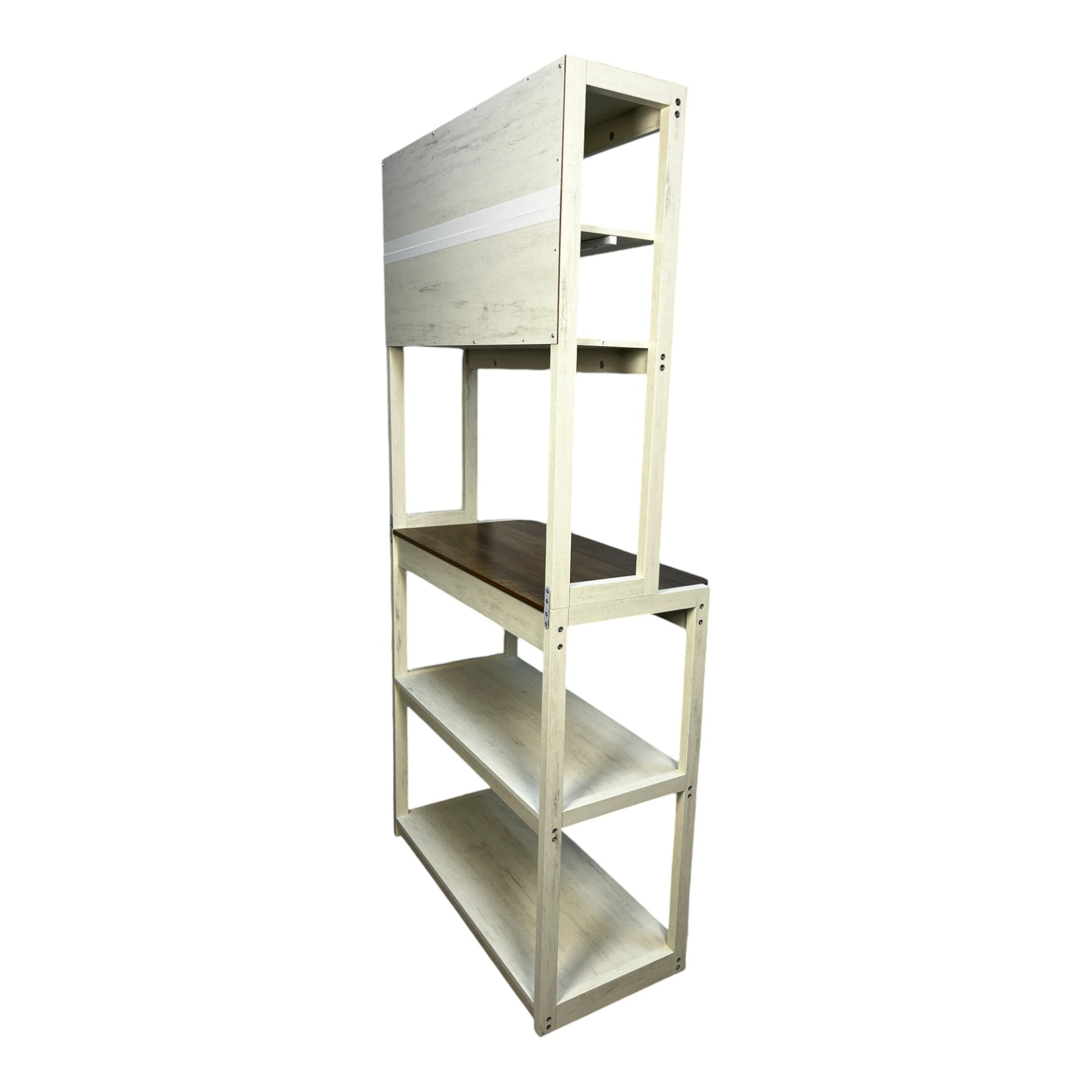 Distressed white wood bakers rack with dark wood shelf and three tiers