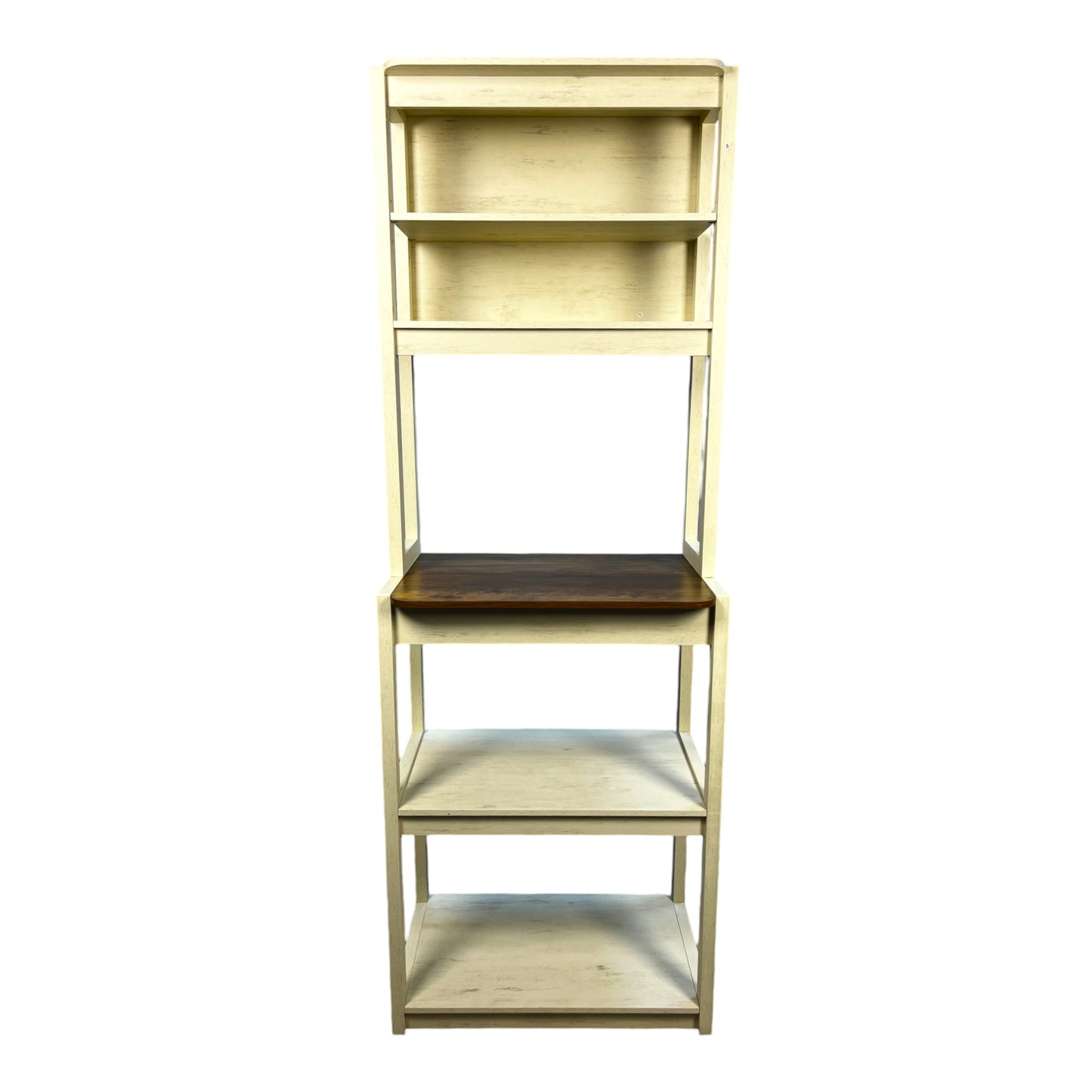 Distressed cream bookshelf with five open shelves and a dark wood tabletop shelf