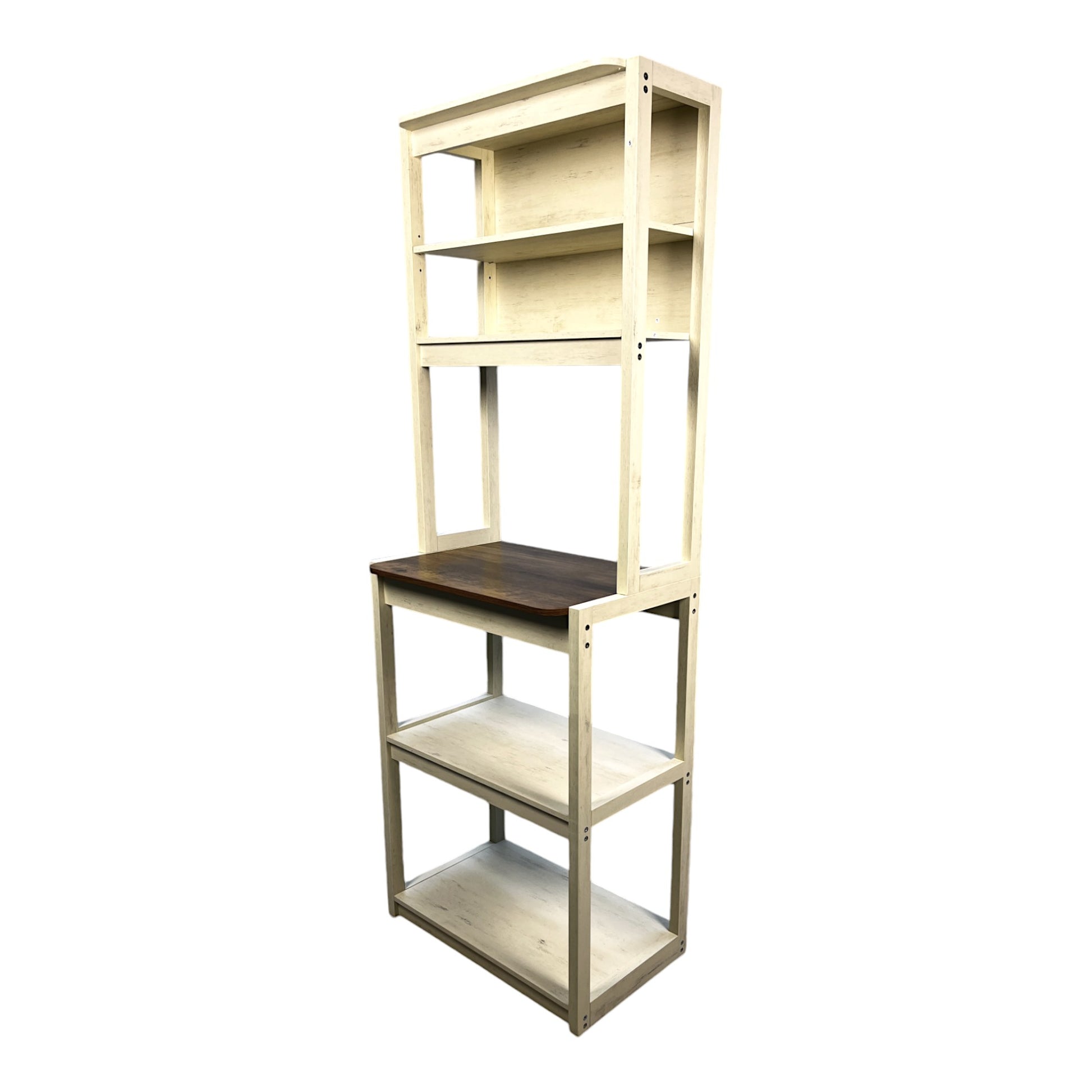 Distressed white wooden bakers rack with a dark wood countertop and four open shelves