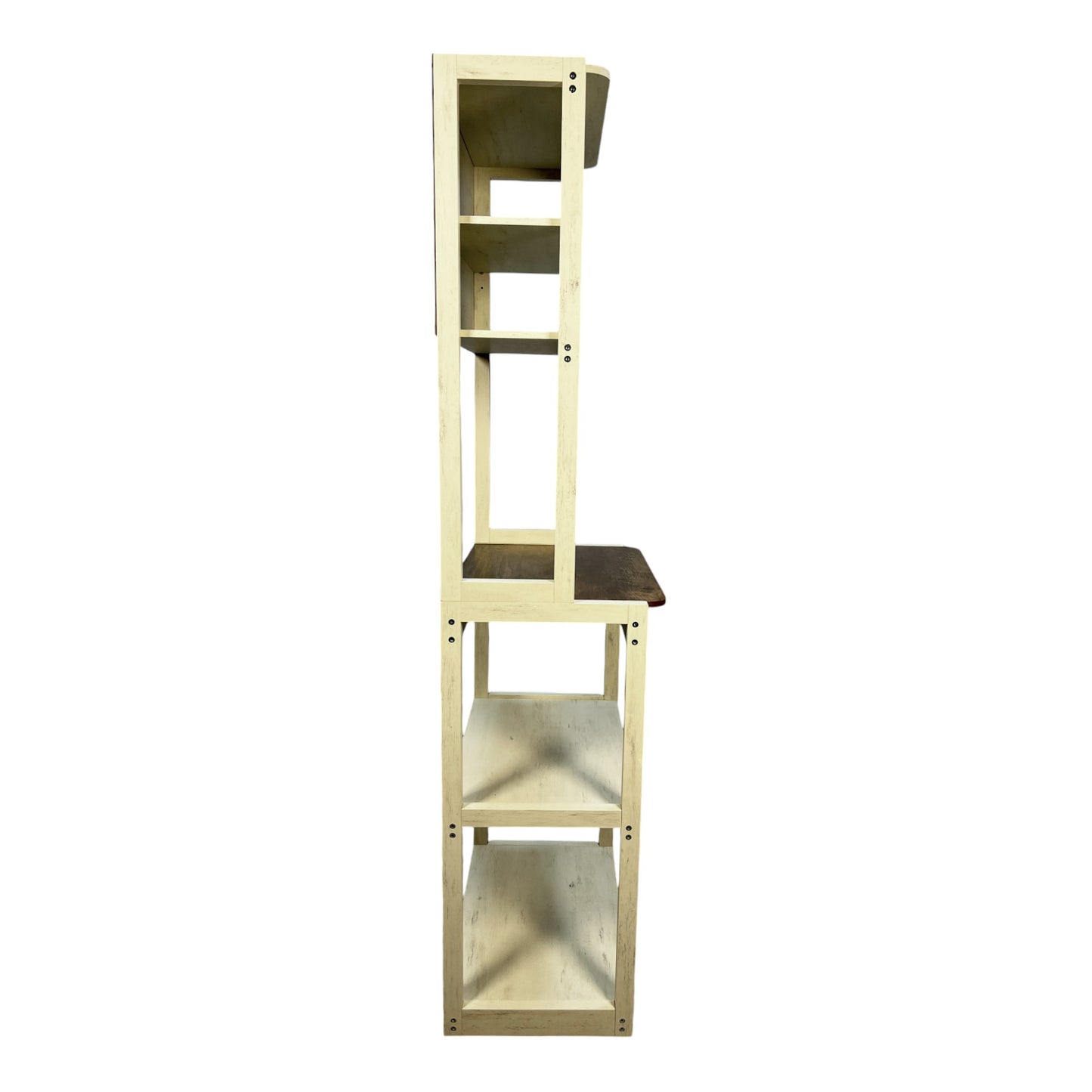 Tall creamcolored wood bookshelf with multiple shelves and a dark wood desk surface