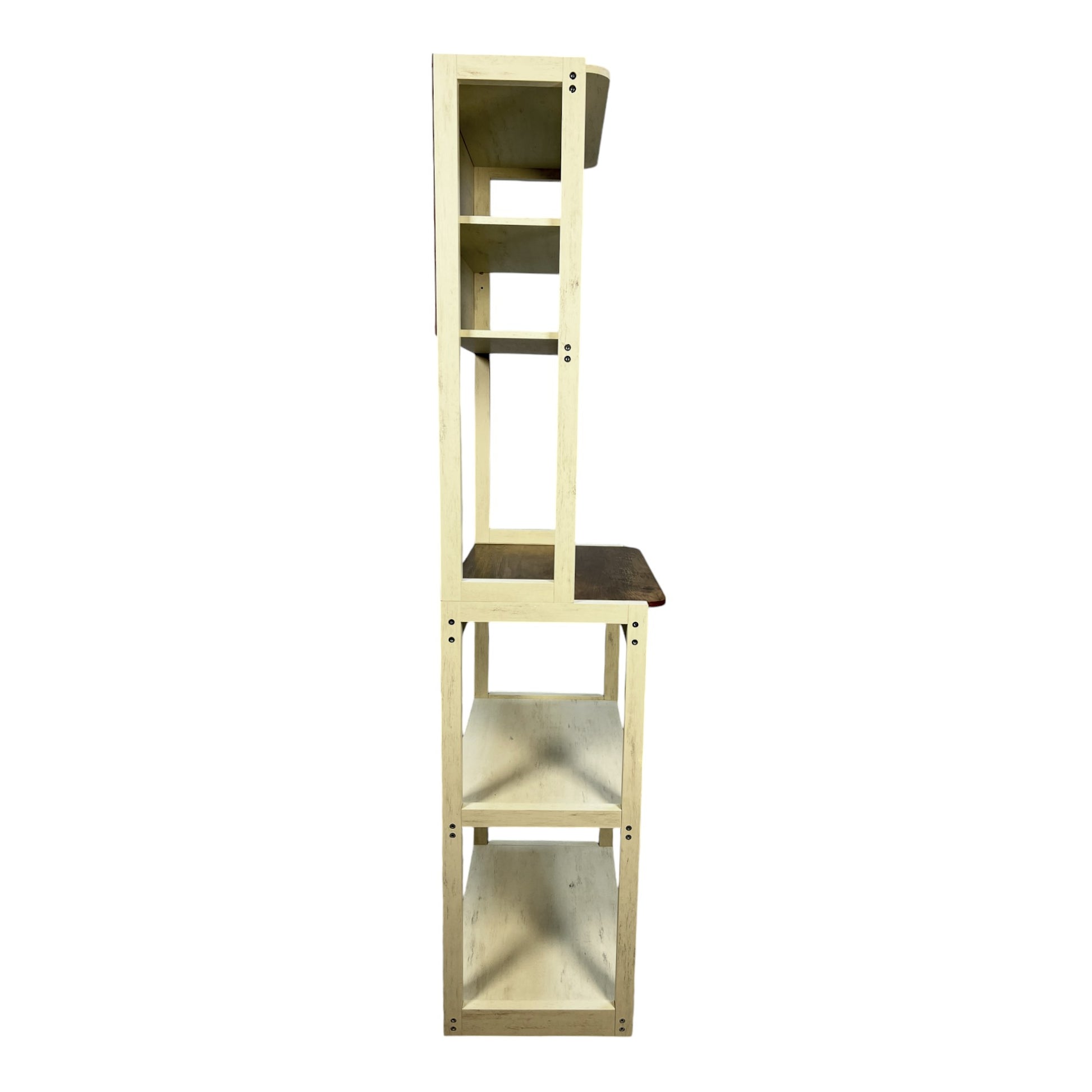 Tall creamcolored wood bookshelf with multiple shelves and a dark wood desk surface