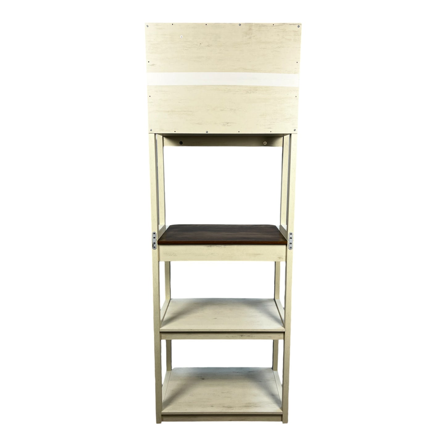 Distressed white wood bookshelf with four shelves perfect for home storage