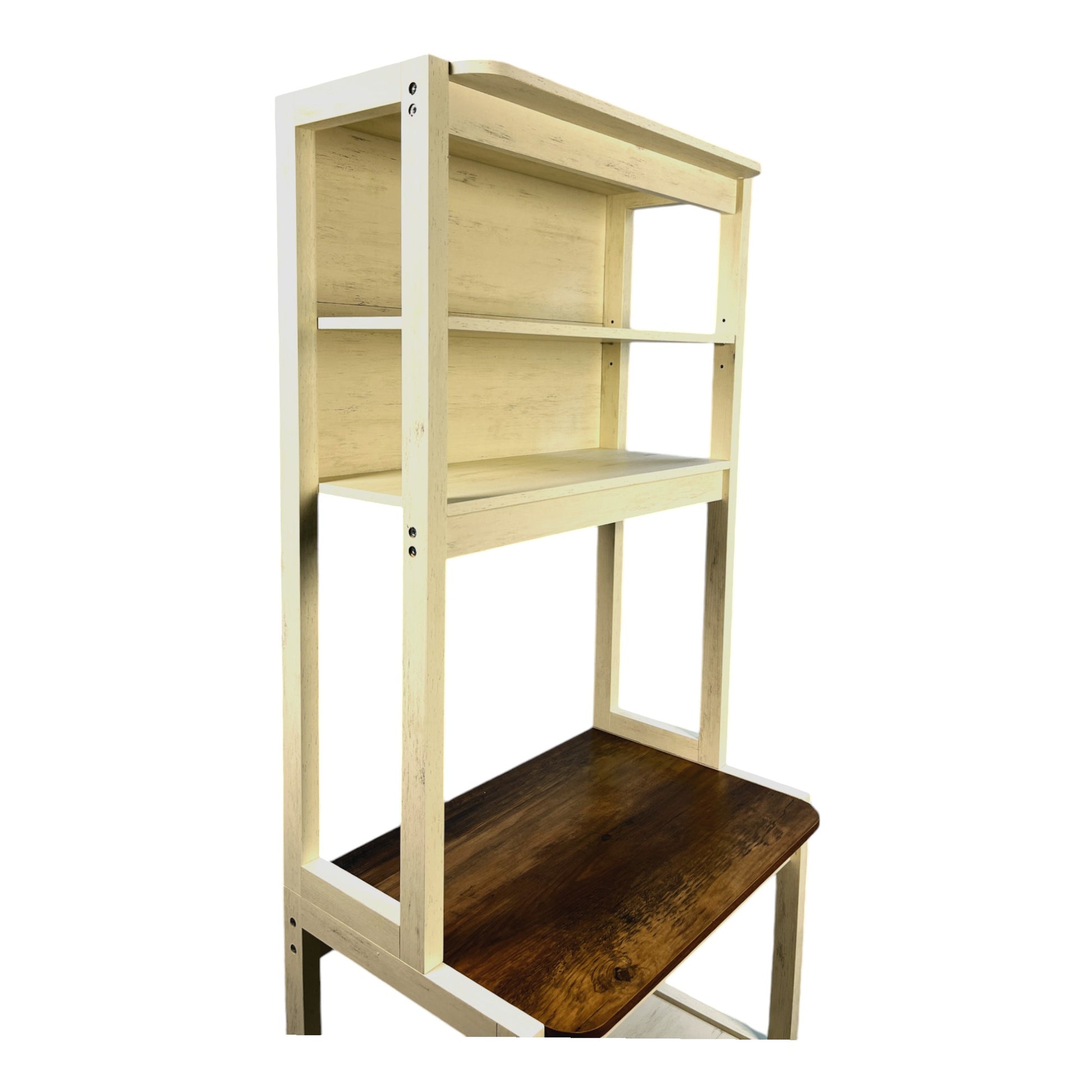 Antique white wooden bakers rack with dark wood shelves