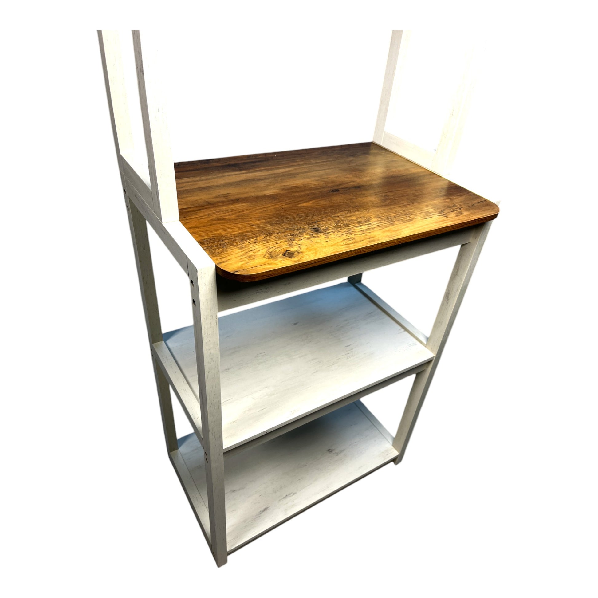 White distressed wood shelving unit with a natural wood top shelf