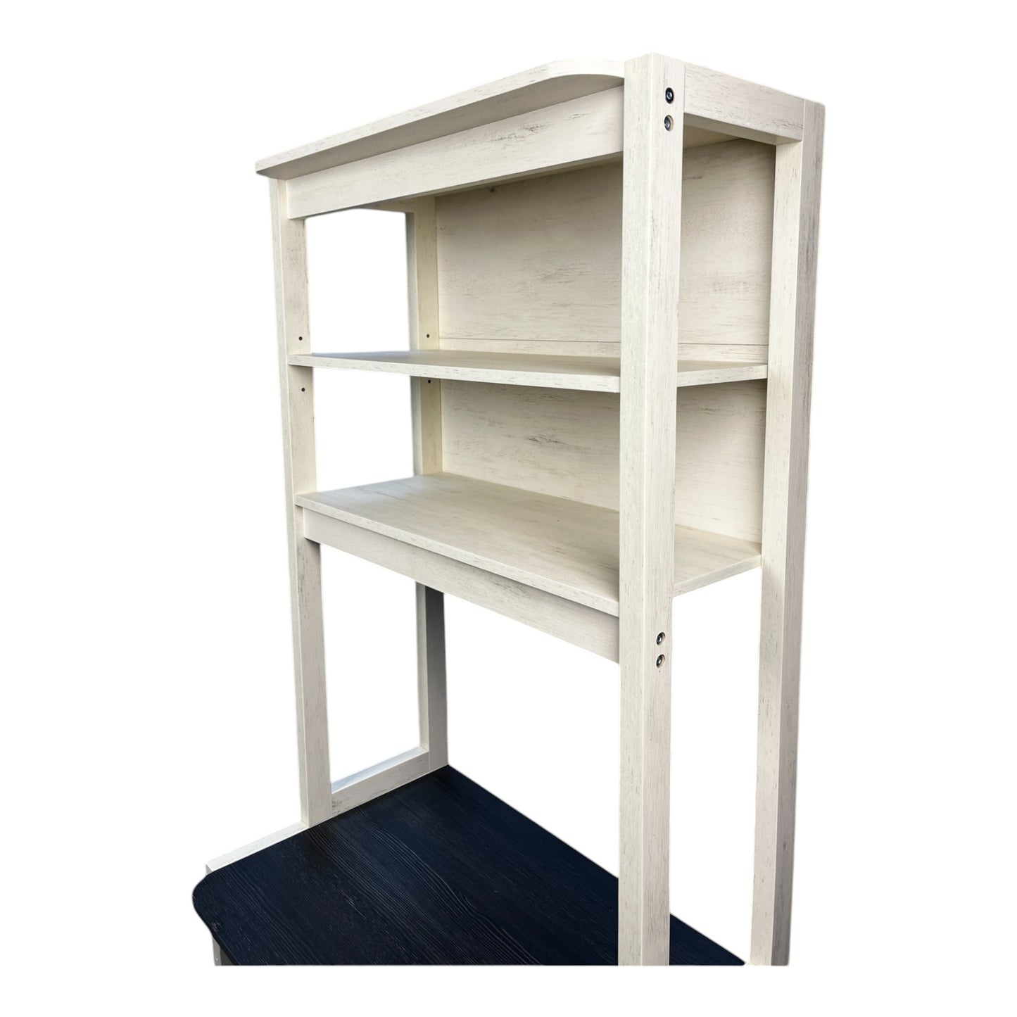 Distressed white wood ladder desk with dark wood desktop and two shelves