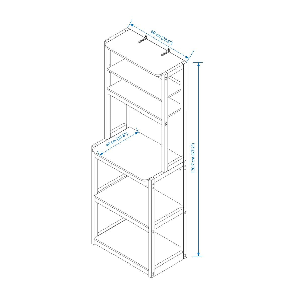 Line drawing of a white shelving unit with dimensions labeled for width depth and height