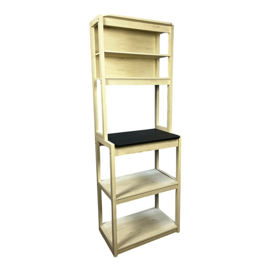 Light wood tiered shelving unit with black desktop for small spaces