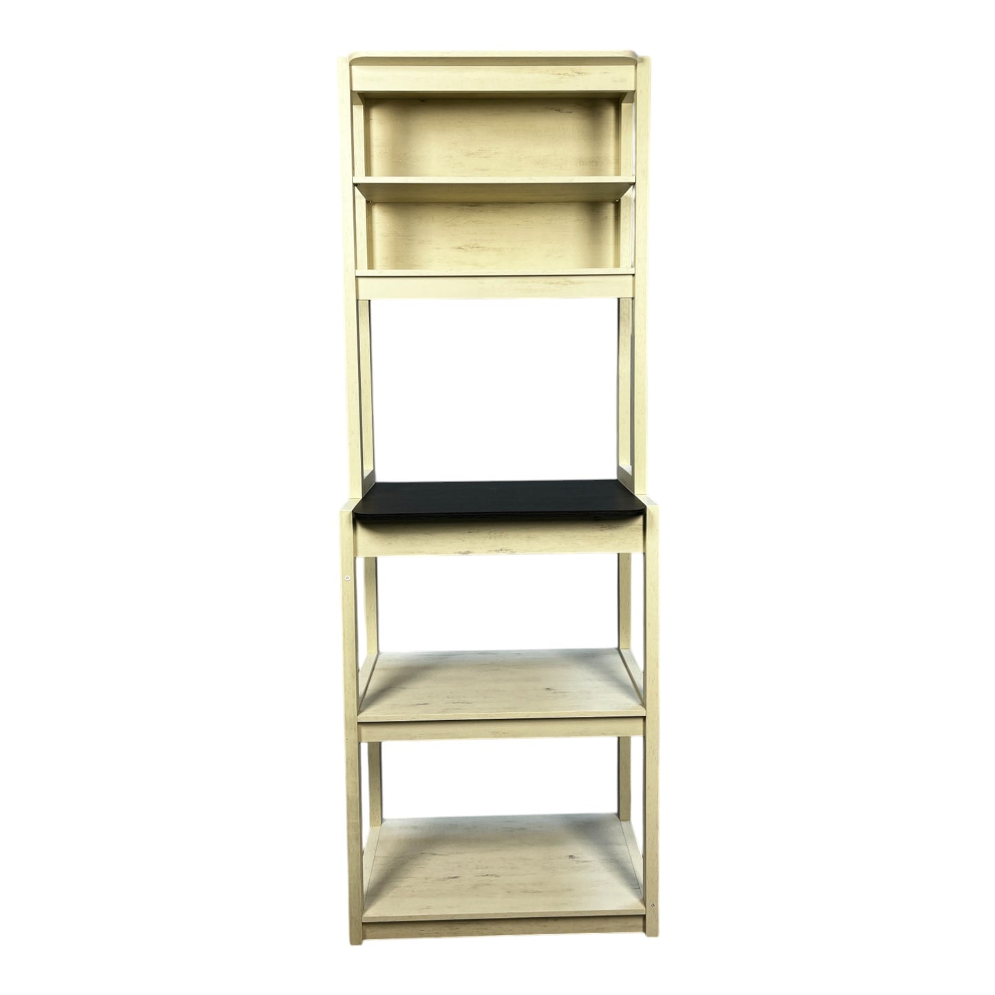 Distressed white wood bookshelf with five shelves and black accent shelf