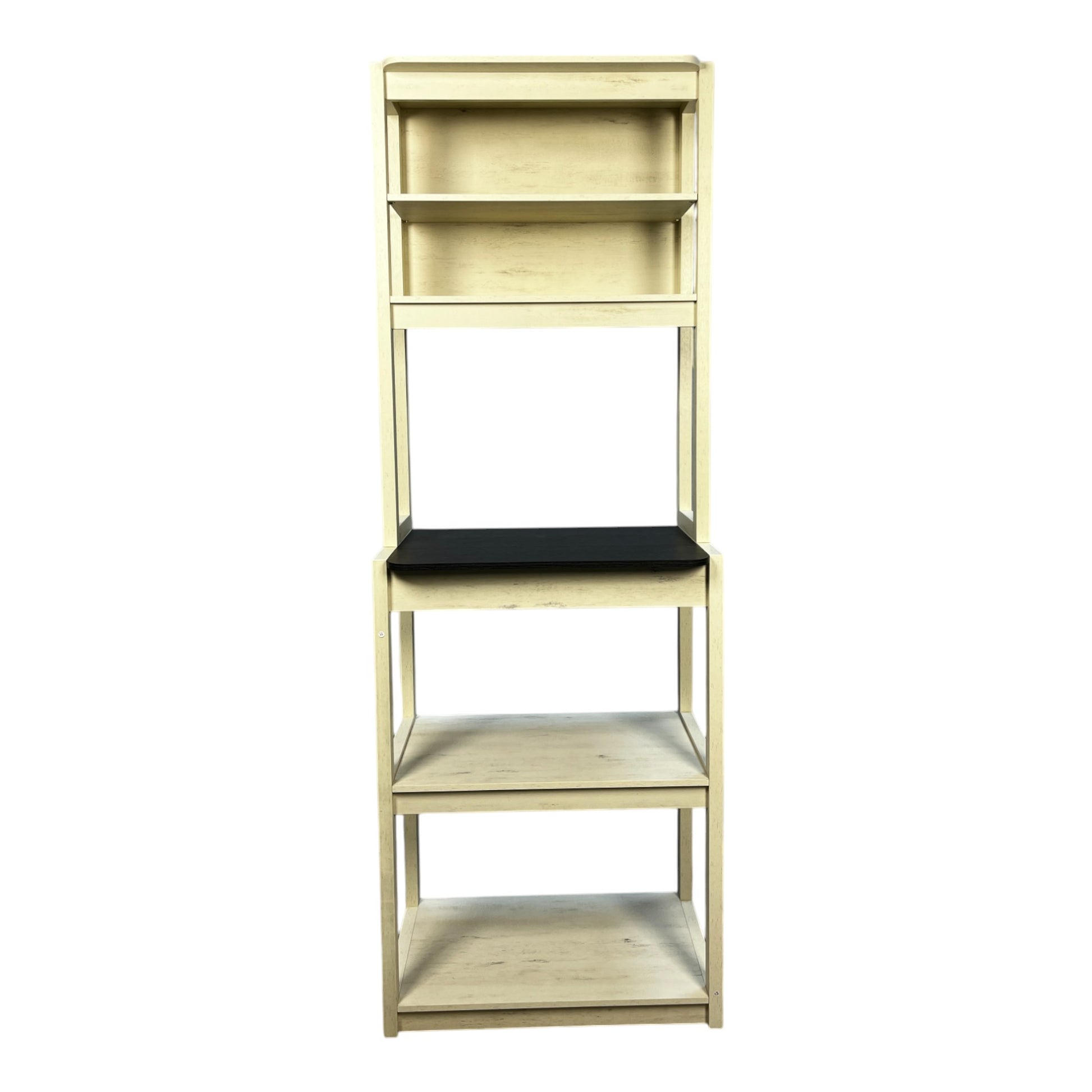 Distressed white wood bookshelf with five shelves and black accent shelf