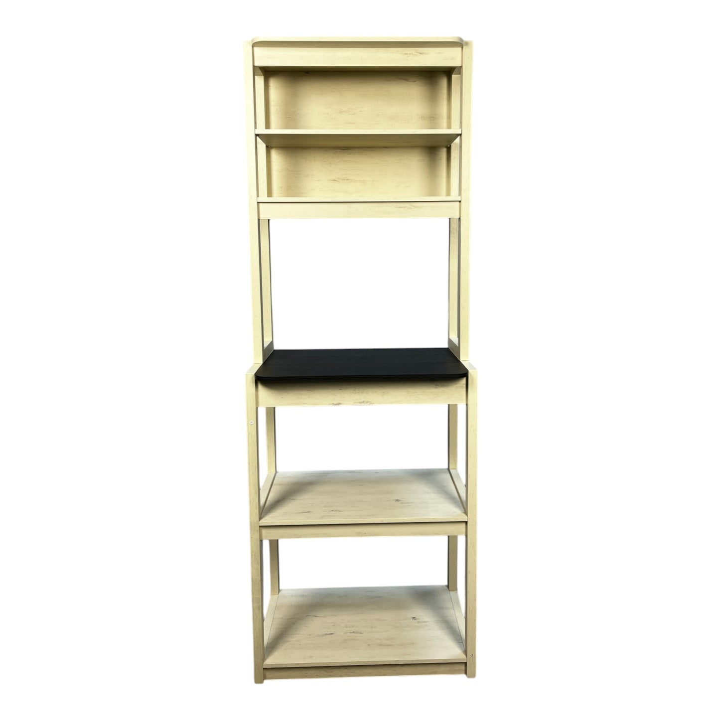Tall cream distressed wood shelf unit with a black shelf in the middle