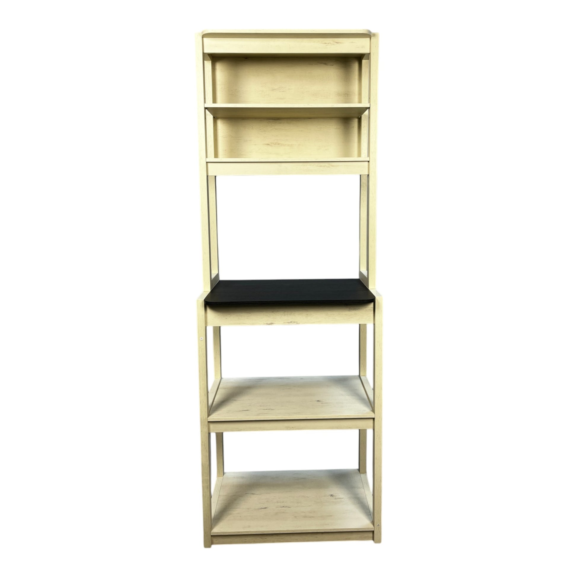 Tall cream distressed wood shelf unit with a black shelf in the middle