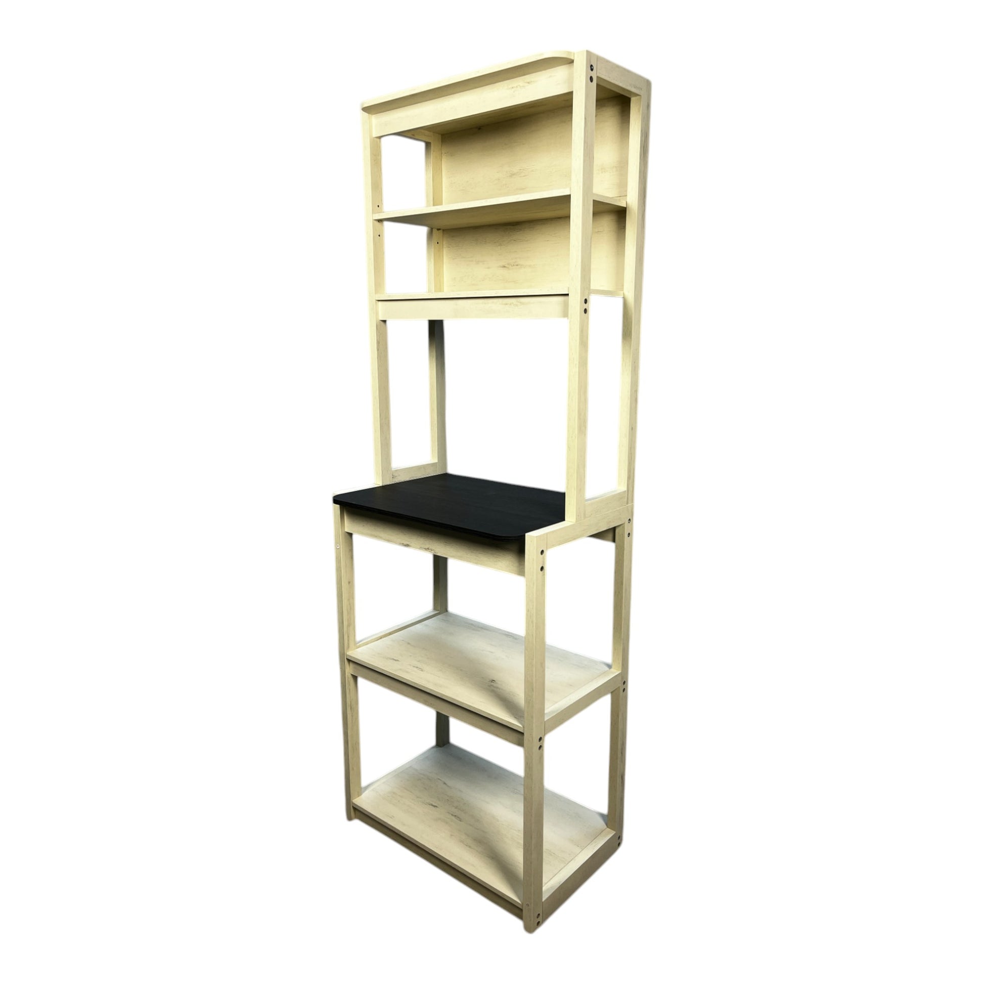 Light wood ladder bookshelf with black shelf farmhouse style