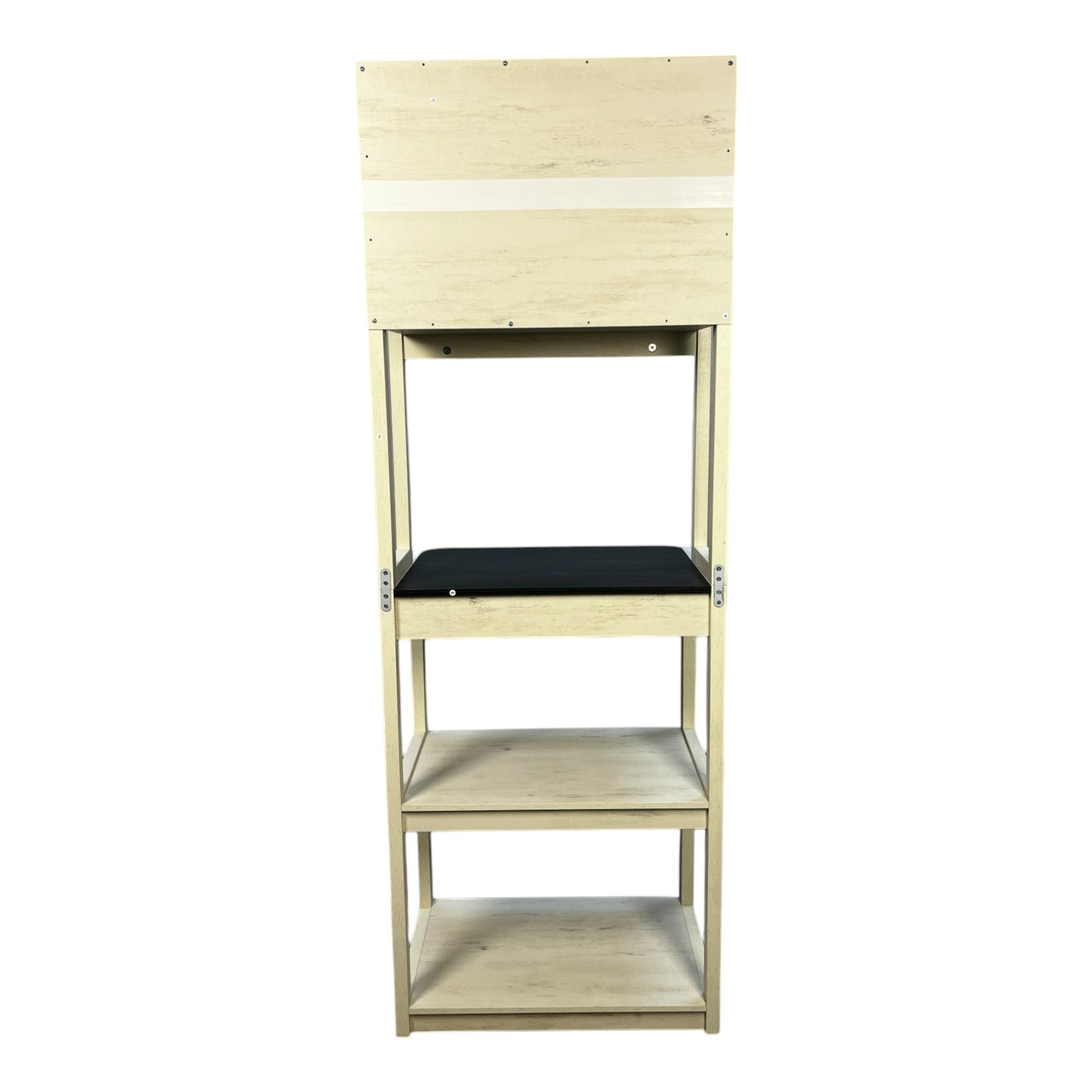 Light wood display shelf with a black upholstered top shelf
