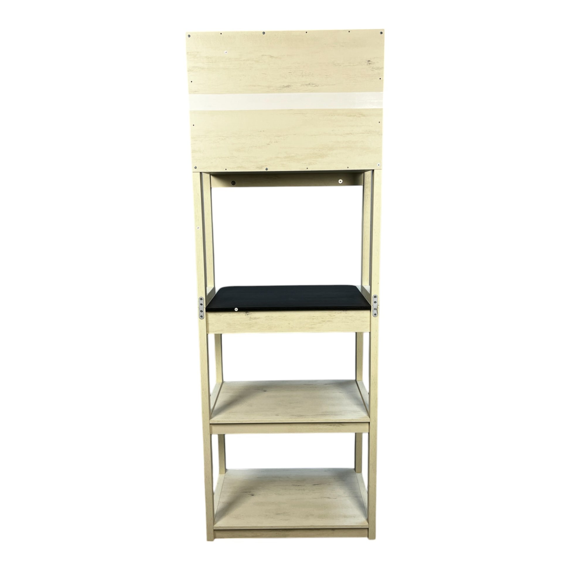 Light wood display shelf with a black upholstered top shelf
