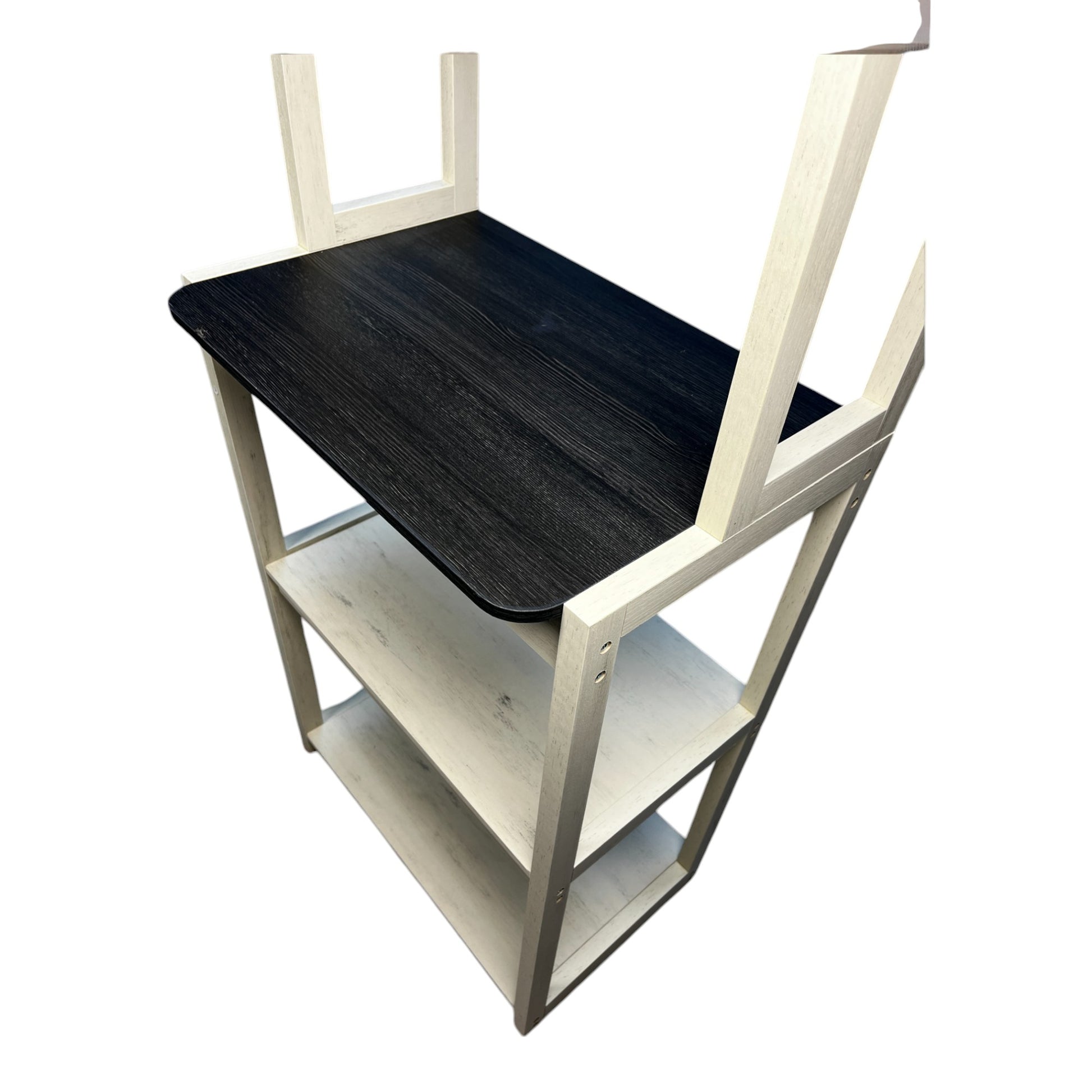 Modern threetier shelving unit with distressed white wood frame and black wood top shelf