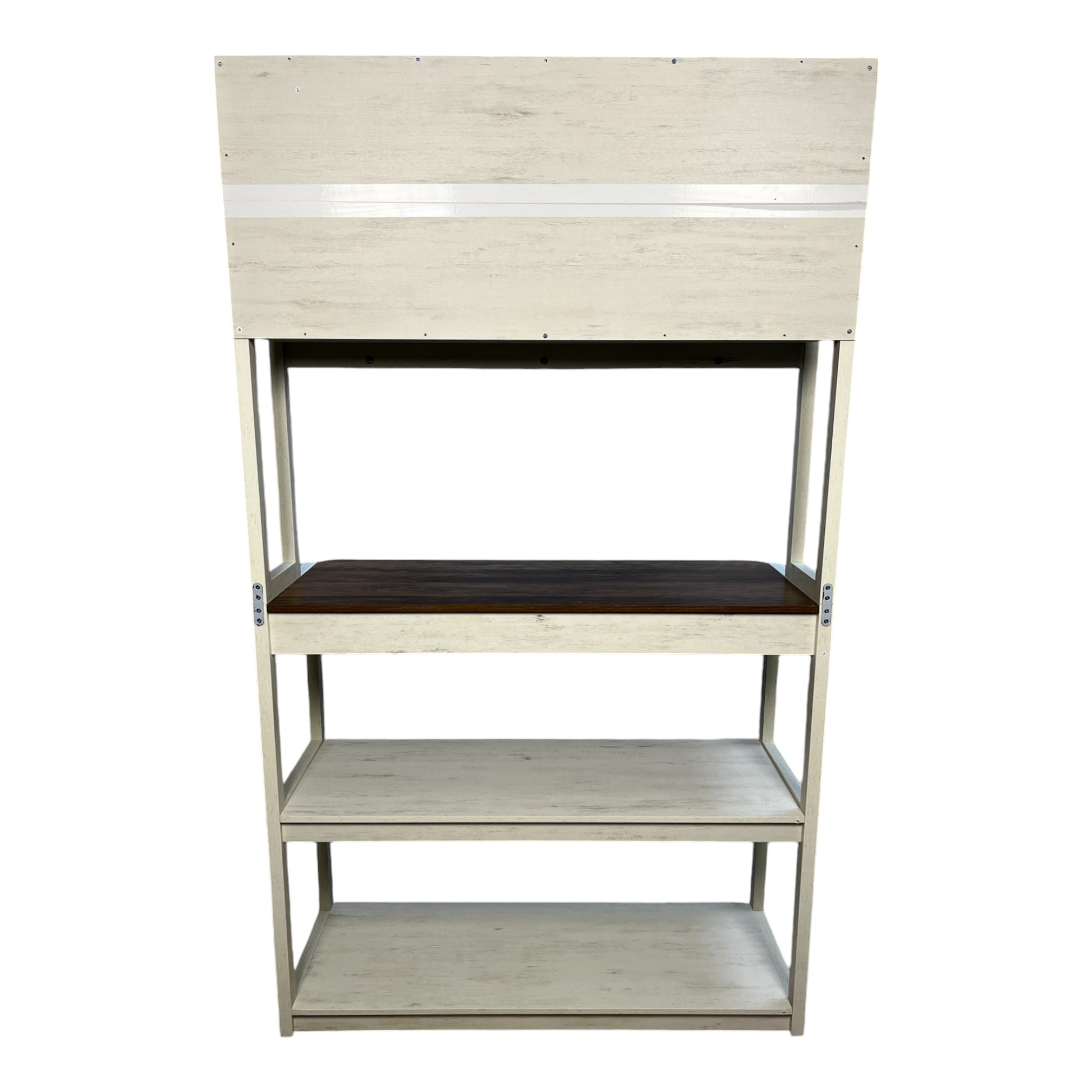 Distressed white metal bookshelf with dark wood accent shelf