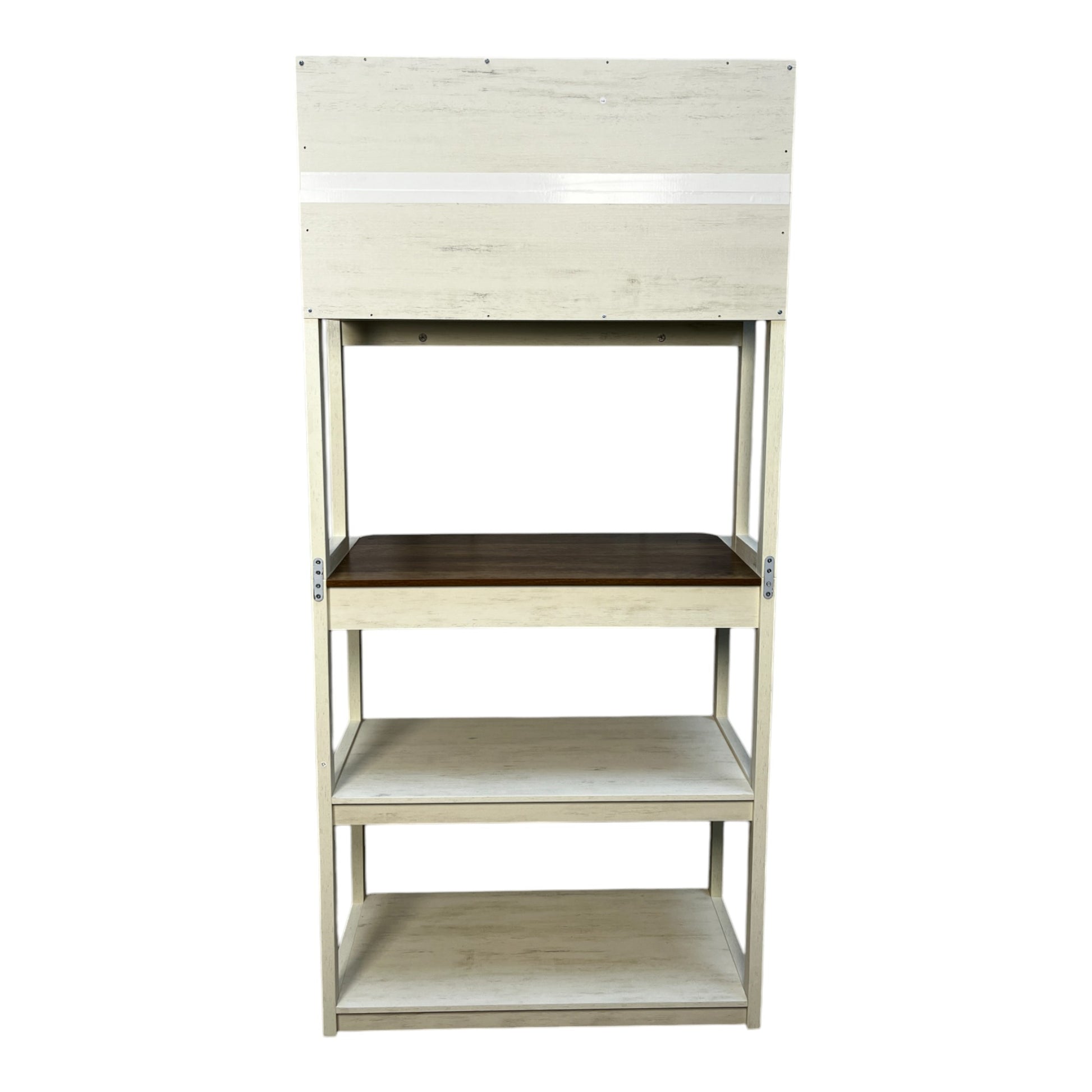 Distressed white wood bookshelf with four shelves and a dark wood accent shelf