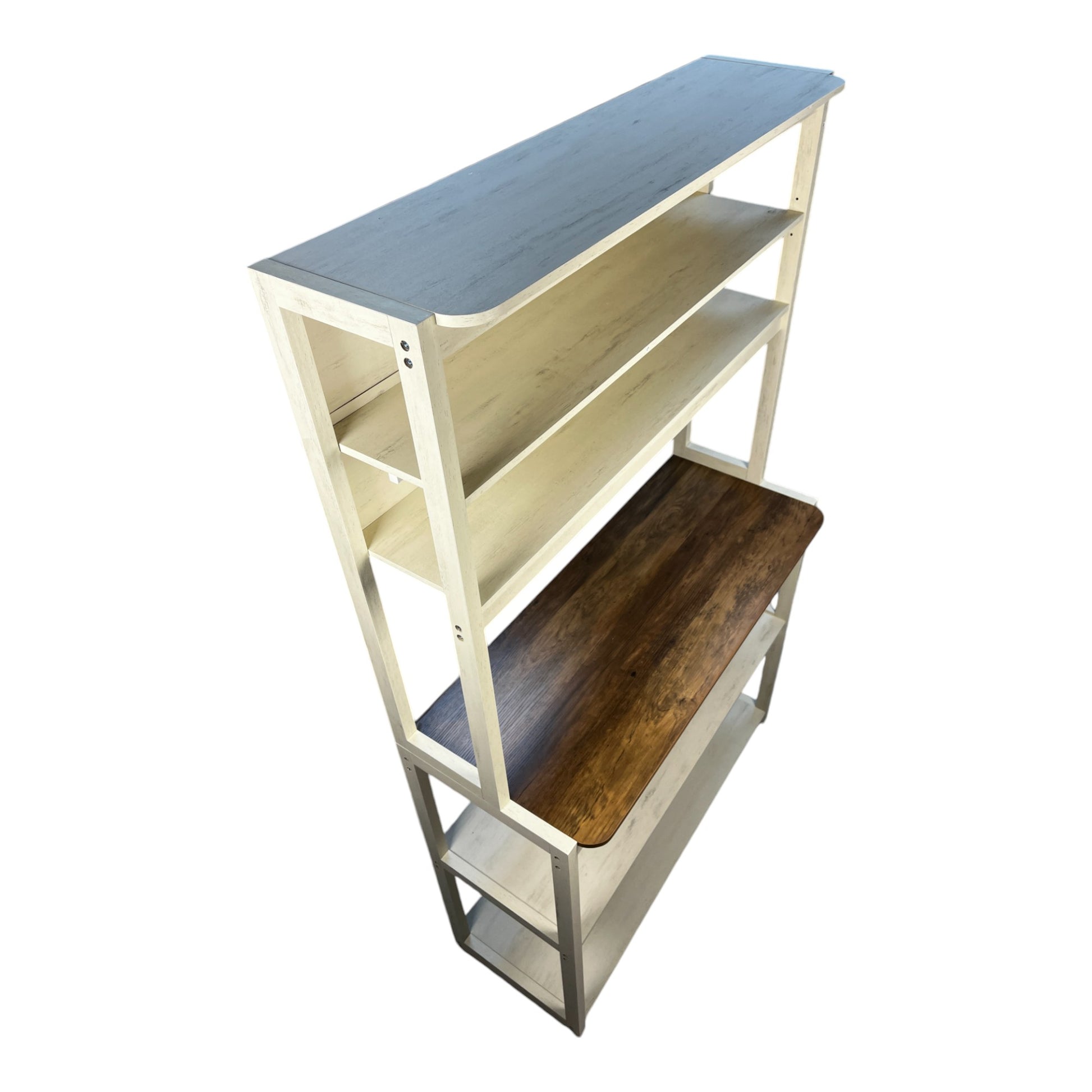 Tall tagre bookshelf with distressed white and walnut finishes metal frame  shelves