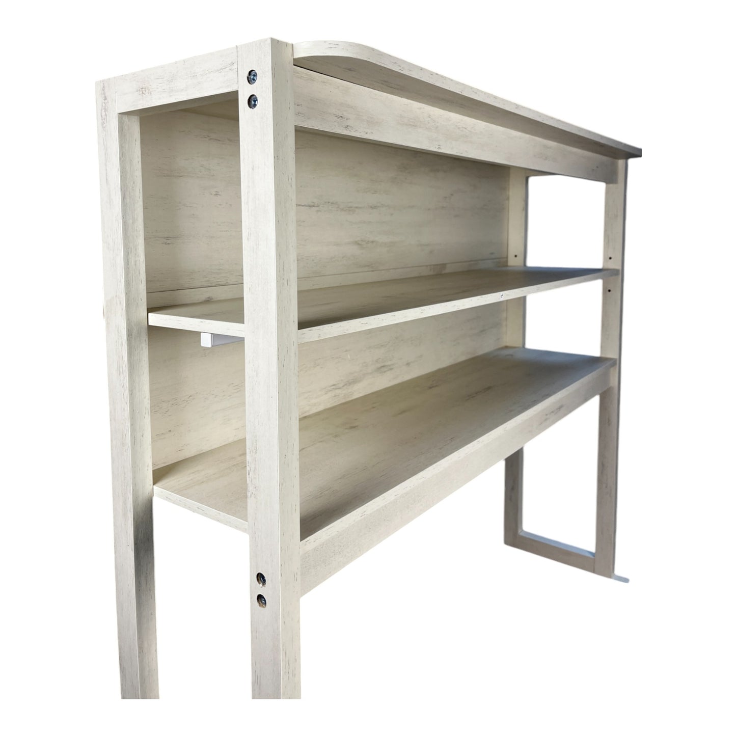 Distressed white wood bookshelf with two open shelves and a rustic finish