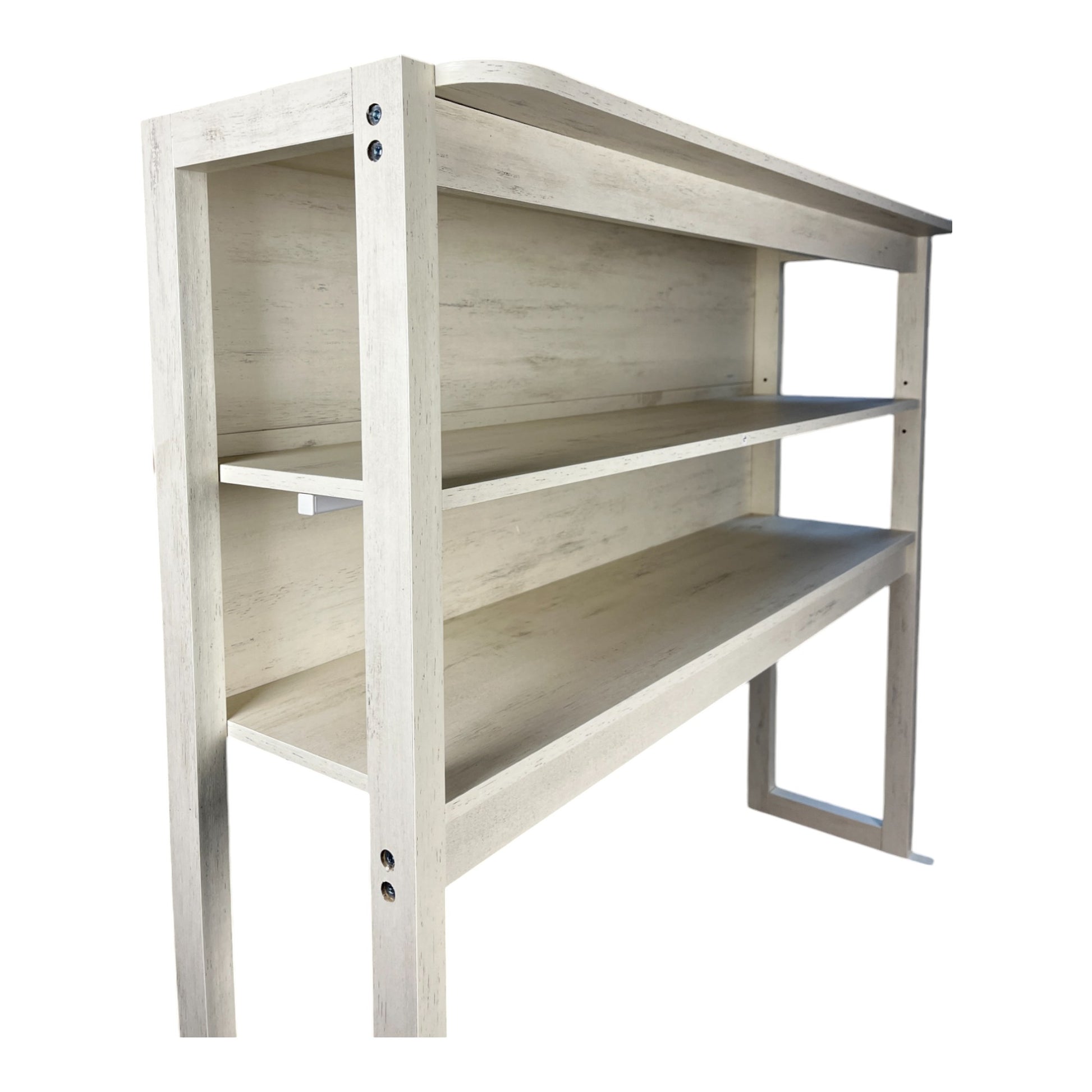 Distressed white wood bookshelf with two open shelves and a rustic finish