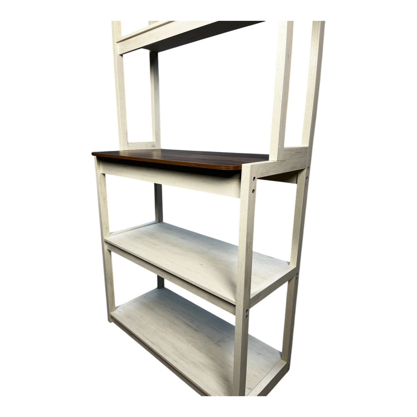Rustic wooden bookshelf with a distressed white finish and dark wood top shelf