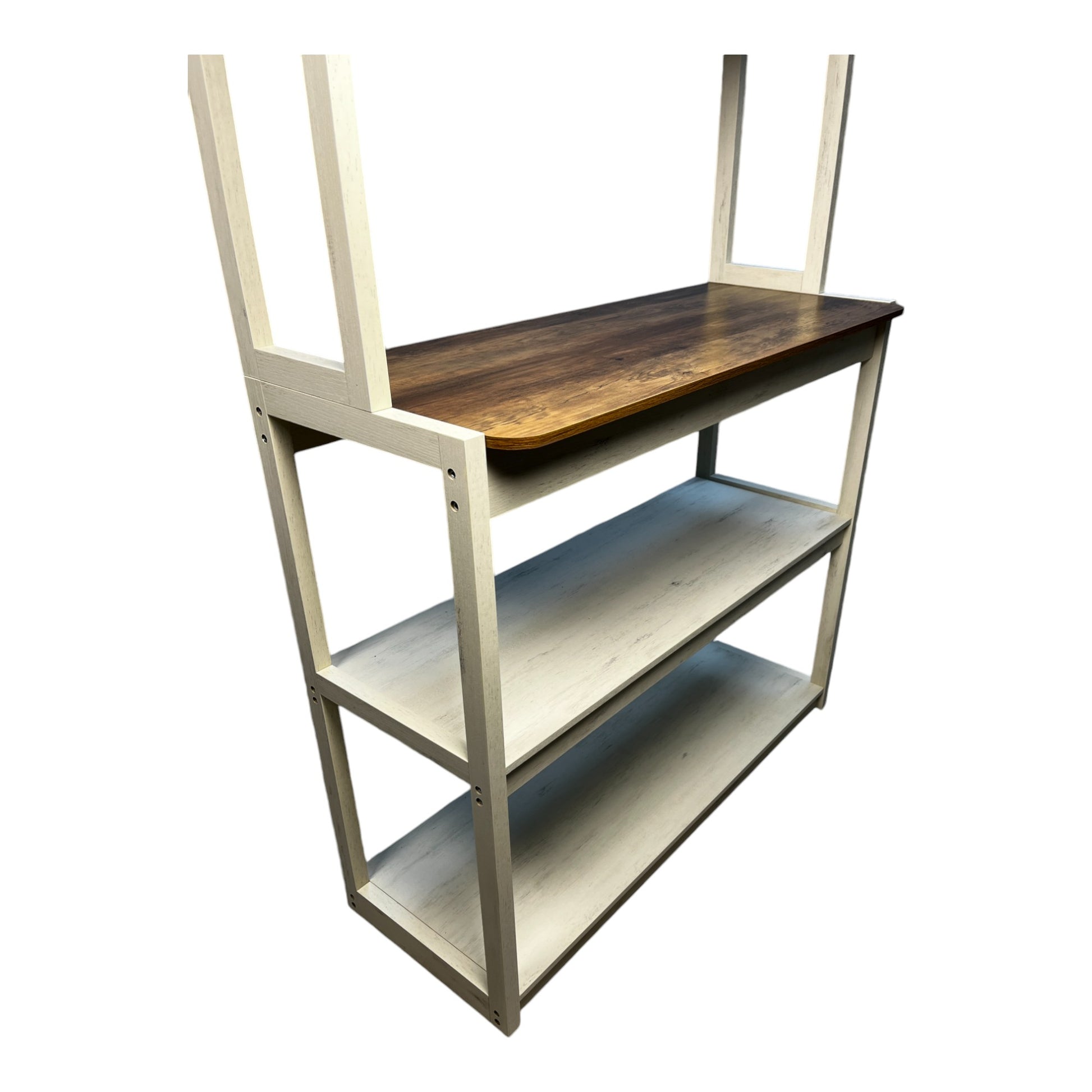 Distressed white wood bakers rack with three shelves and a rustic wood top
