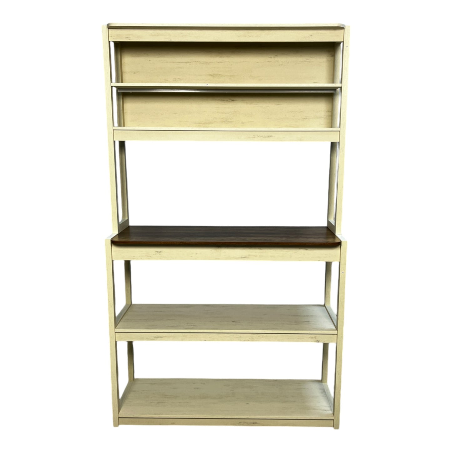 Distressed ivory wood tiered shelf unit with dark walnut countertop