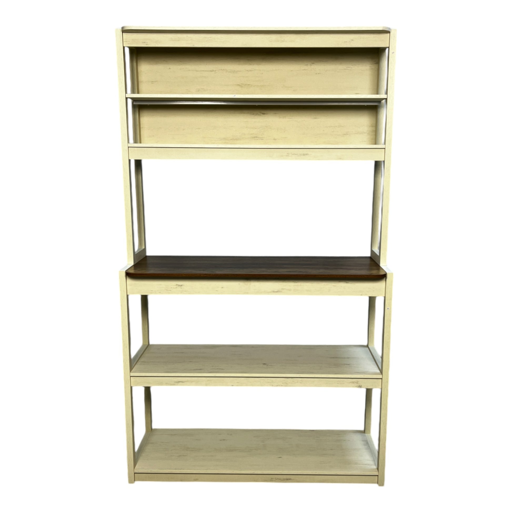 Distressed ivory wood tiered shelf unit with dark walnut countertop