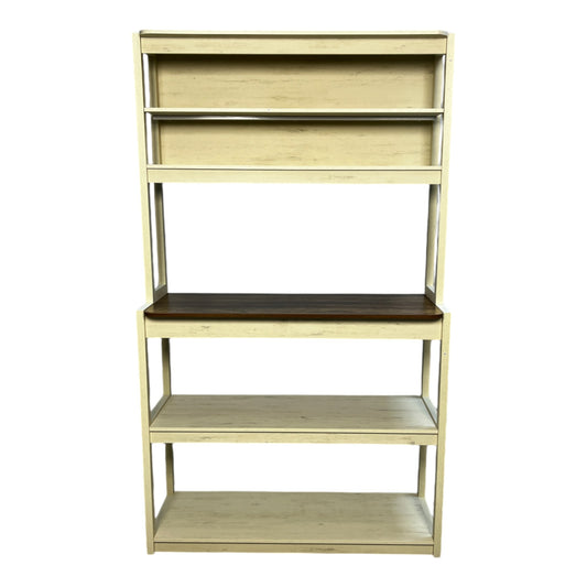 Distressed ivory wood tiered shelf unit with dark walnut countertop