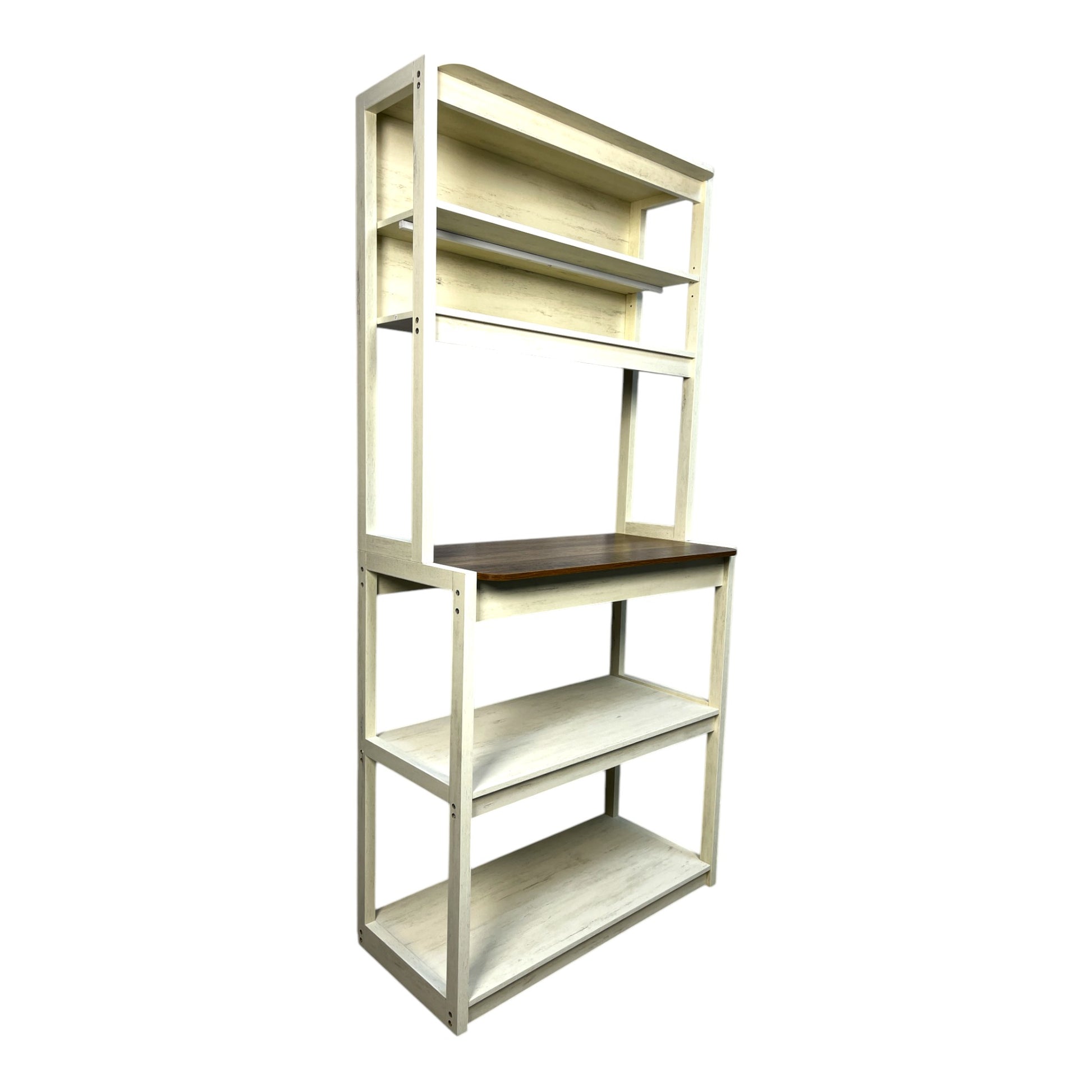 Cream distressed wood bakers rack with dark wood countertop and multiple shelves for kitchen storage