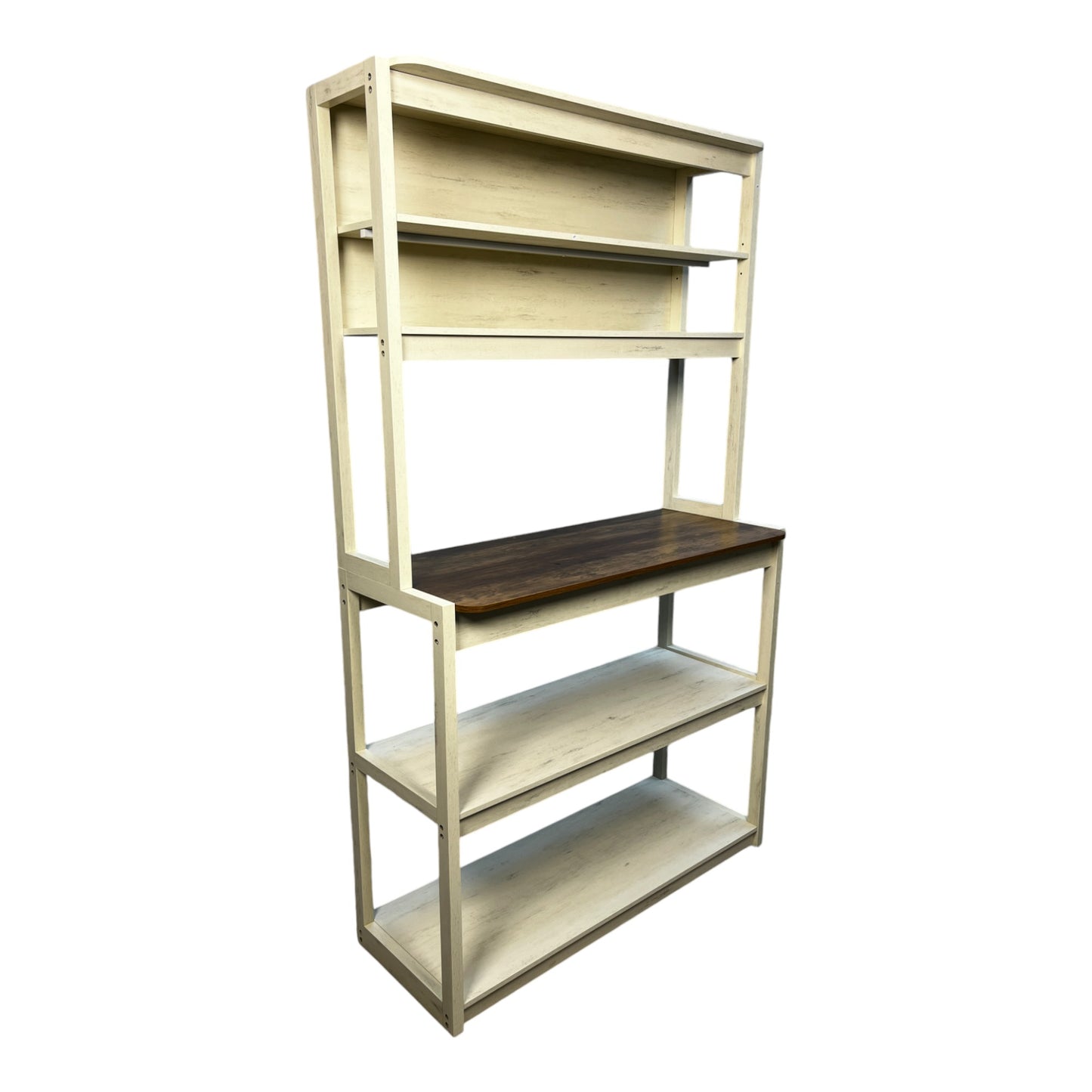 Creampainted open hutch with multiple shelves and a dark wood countertop