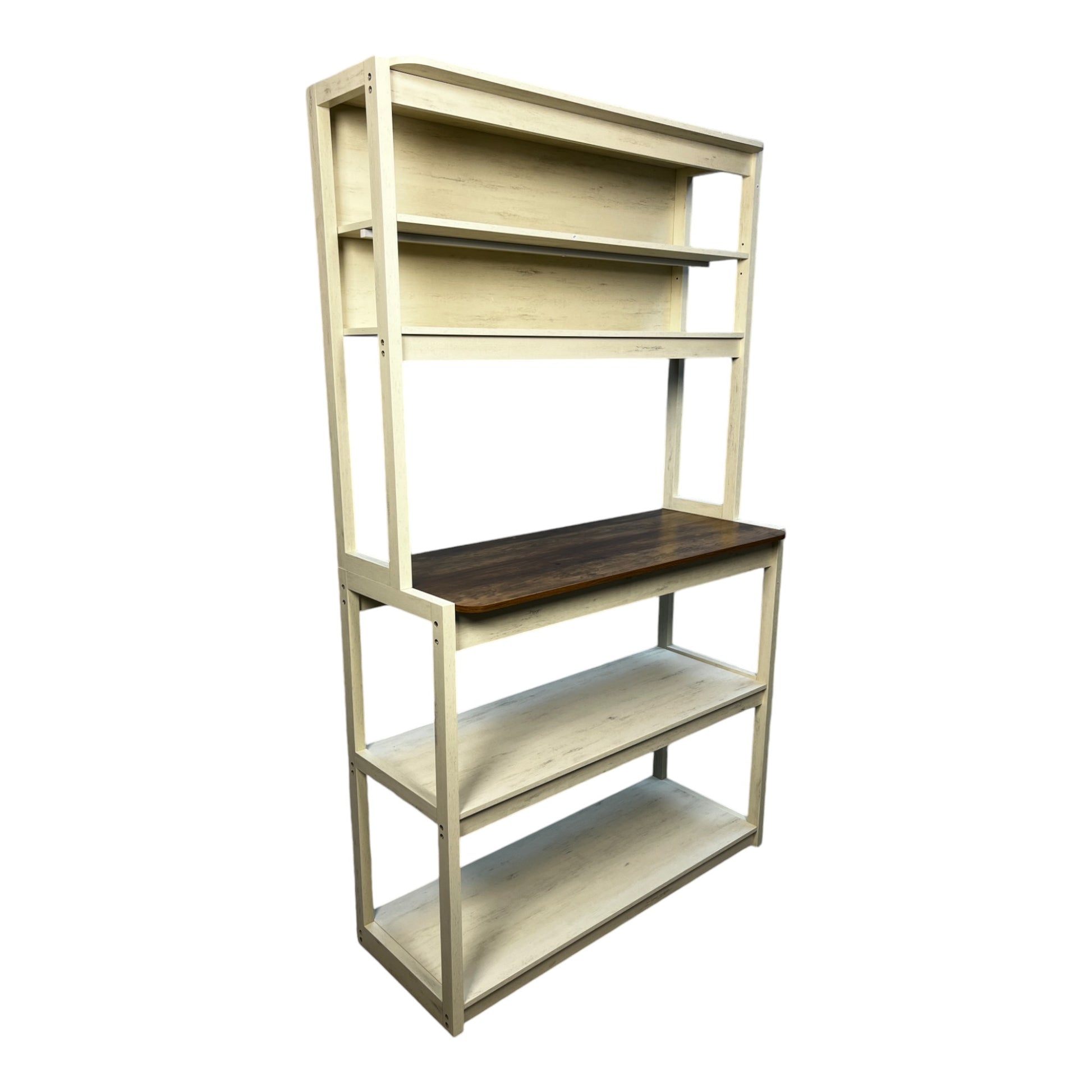 Creampainted open hutch with multiple shelves and a dark wood countertop