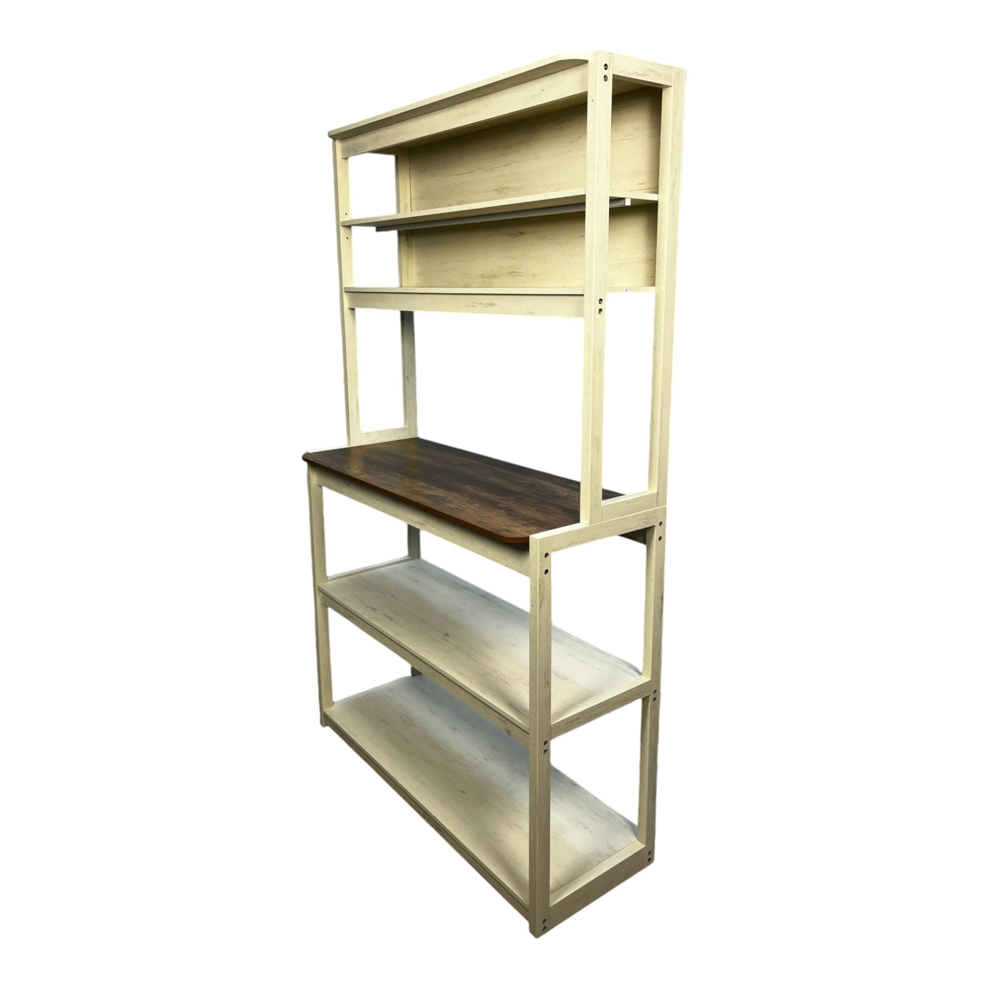 Vintagestyle cream hutch with dark wood top shelf and three open storage shelves