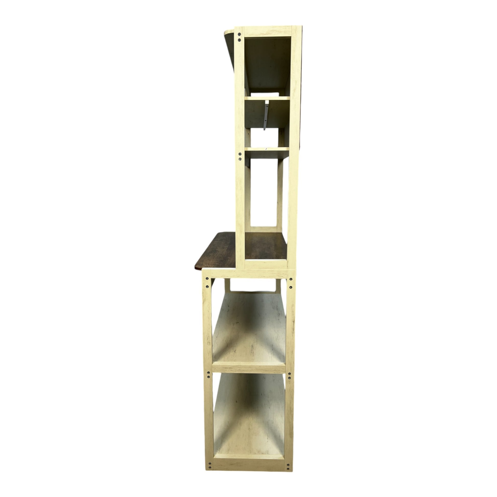 Cream and dark wood tiered bakers rack with open shelves