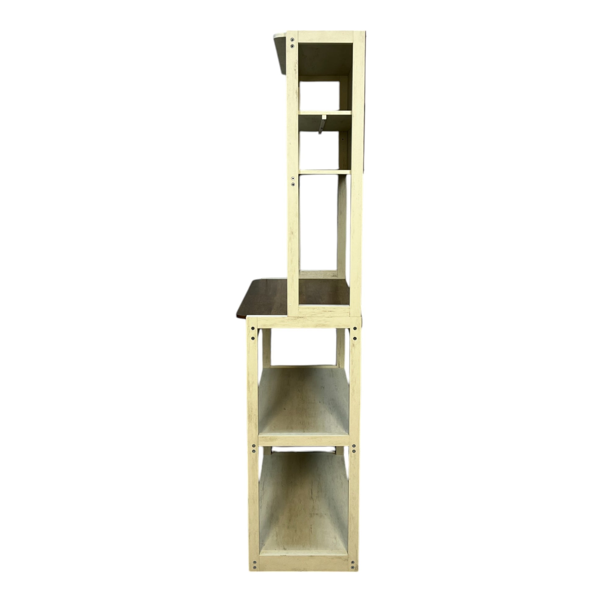Distressed cream wood open bookshelf with dark wood accent desk area
