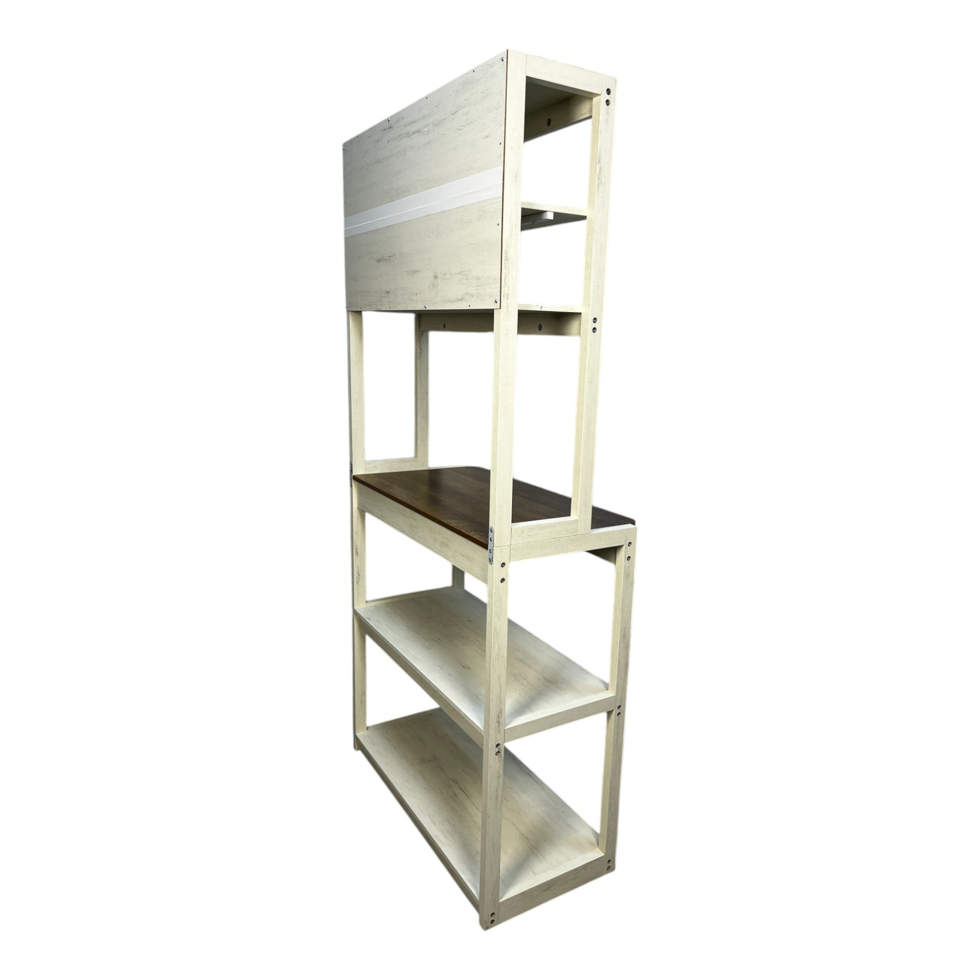 Distressed white wood bakers rack with dark wood shelf and open shelving for kitchen storage