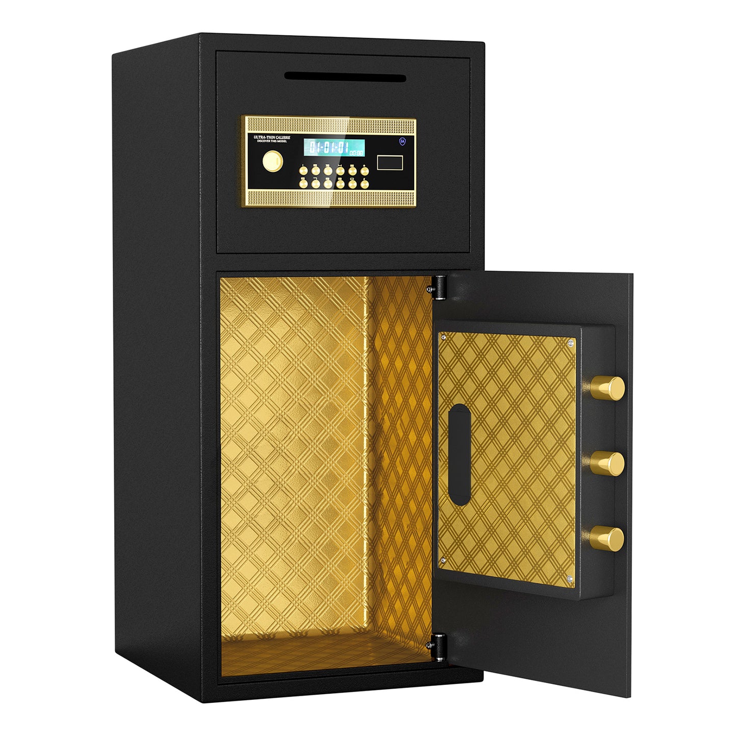 Black steel digital safe with gold patterned interior open door with three gold knobs and digital keypad