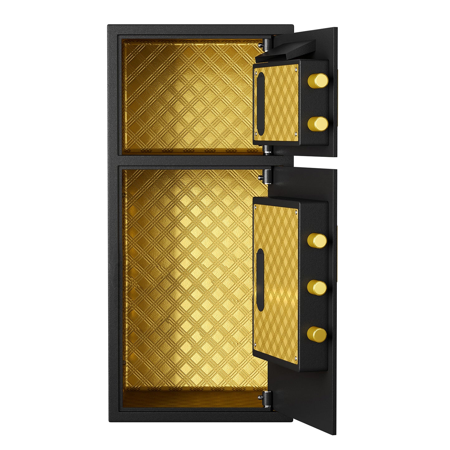 Luxury black safe with plush gold diamondpatterned interior and gold knobs