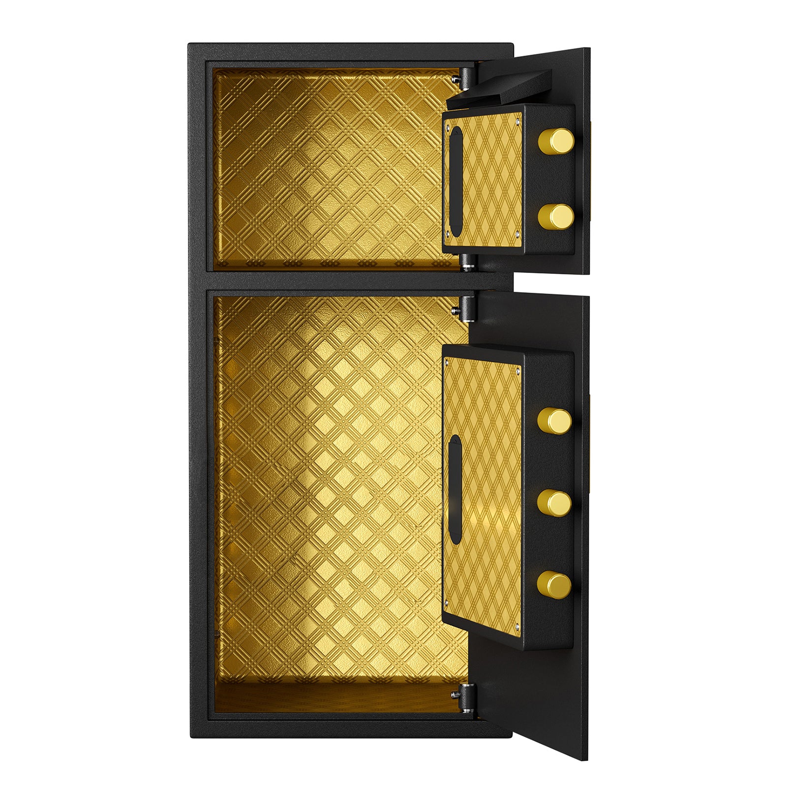 Luxury black safe with plush gold diamondpatterned interior and gold knobs