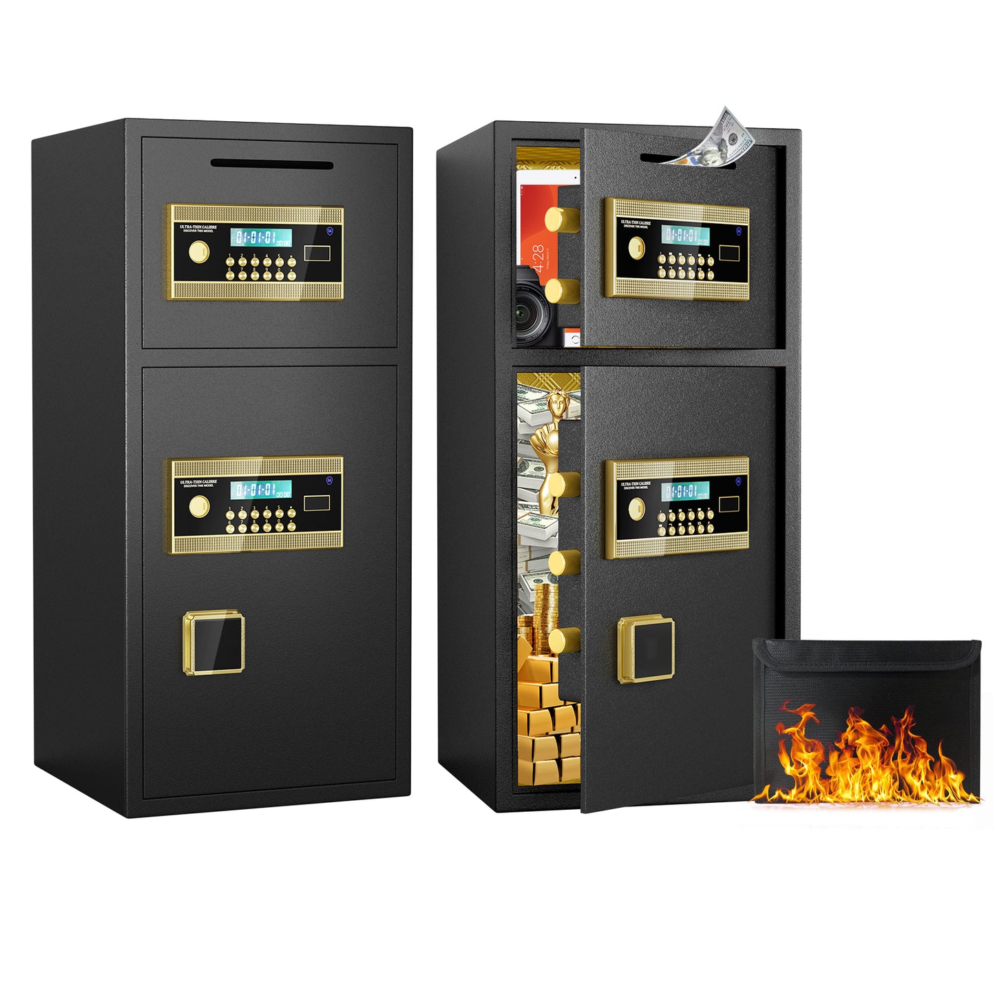 Black dualcompartment digital safe with gold accents and keypad ideal for home security