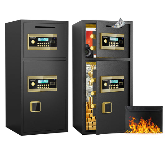 Black dualcompartment digital safe with gold accents and keypad ideal for home security