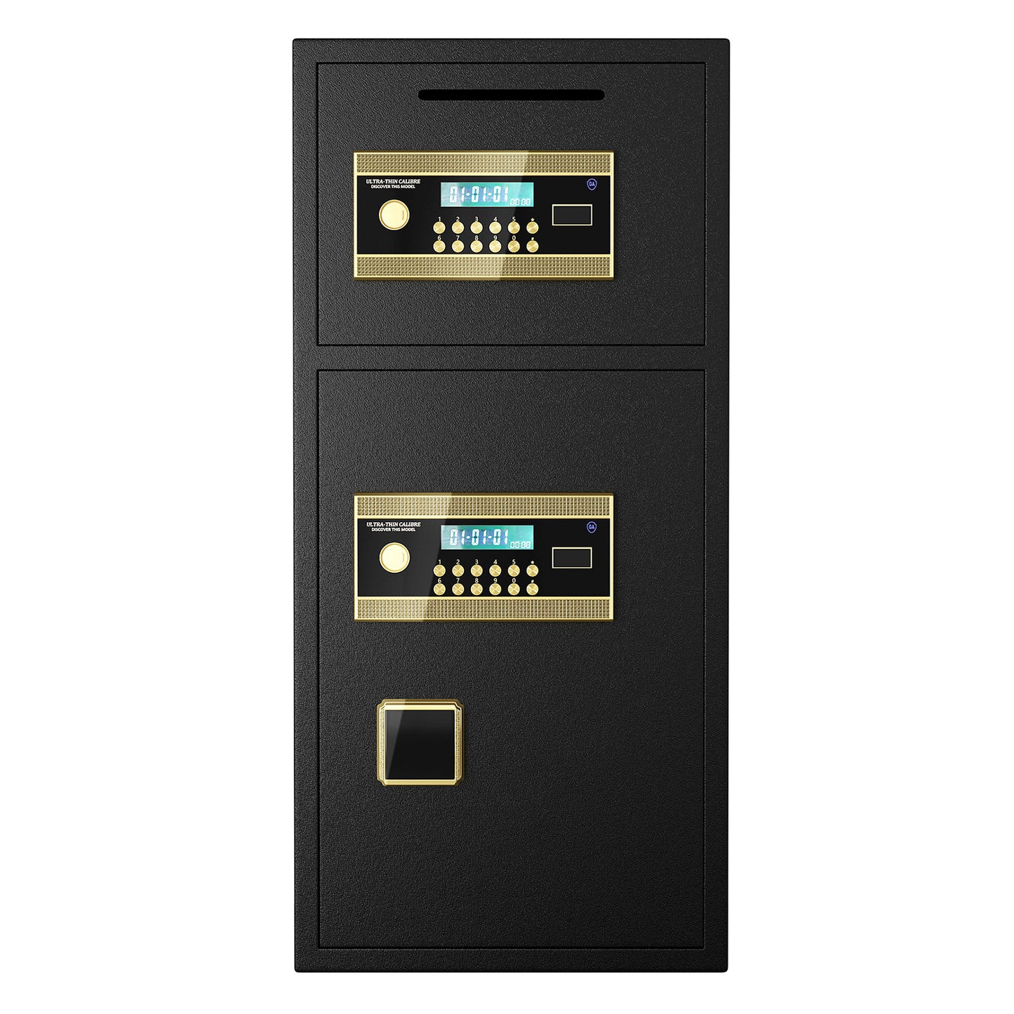 Black digital safe with gold accents and two display panels